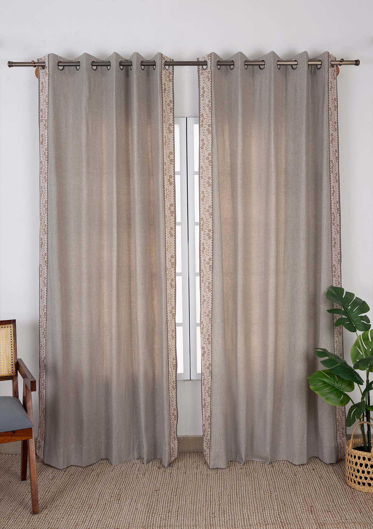 Mogra Embroidered Linen Cotton Room Darkening & Field Printed Sheer Room Darkening | Elephant Grey & Brown | 100% Cotton for Living Room & Bedroom | Floral | Combo Curtains | Pack of 4