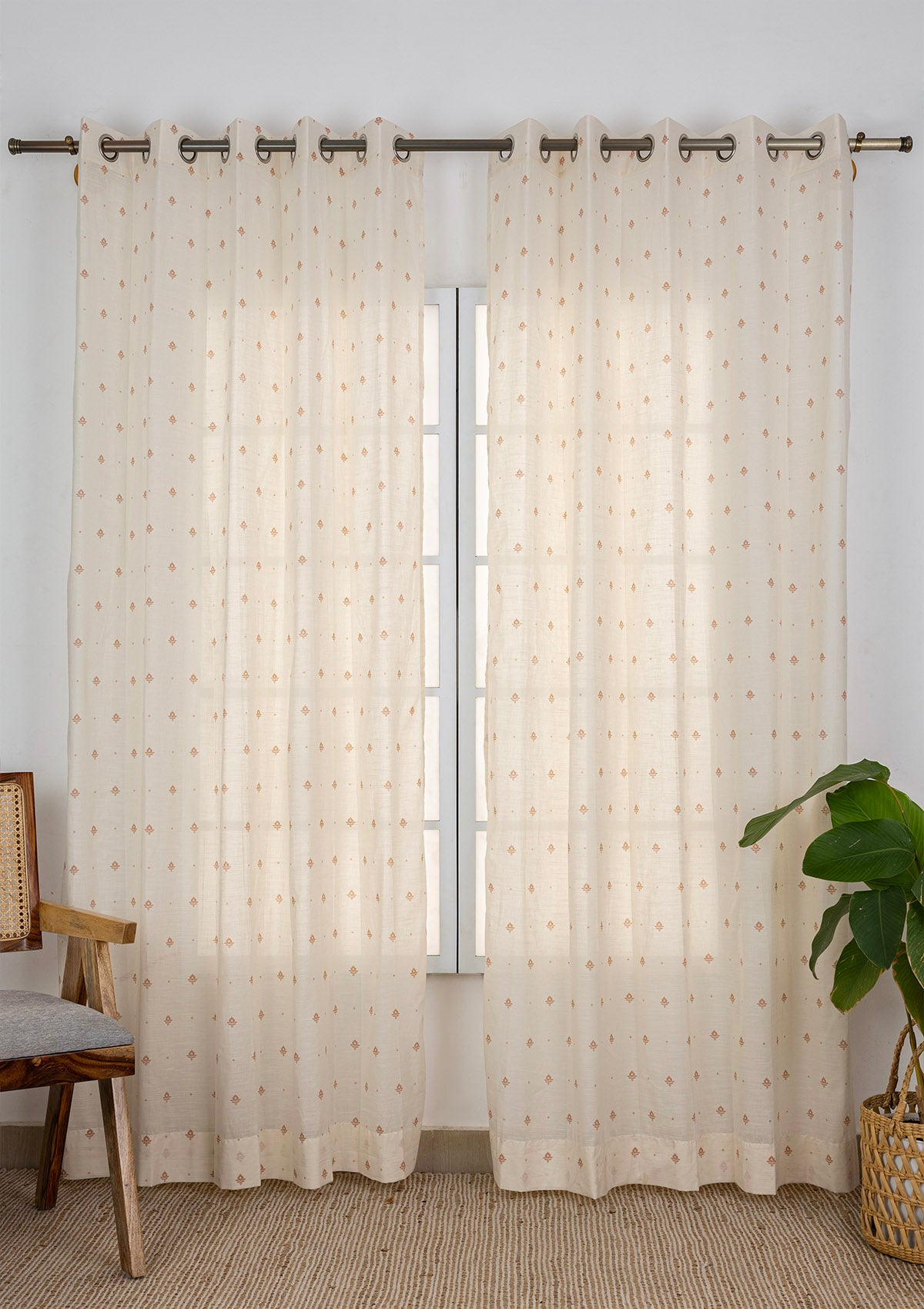 Kinari Linen Textured Room Darkening & Cava Printed Sheer Light Filtering | Pink & Rust | 100% Cotton for Living Room & Bedroom | Ethnic & Minimal | Combo Curtains | Pack of 4