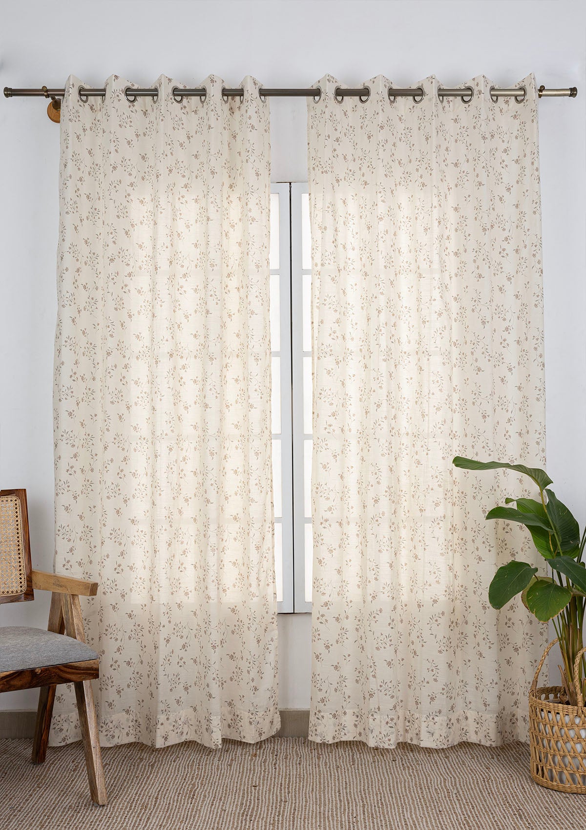 Mogra Embroidered Linen Cotton Room Darkening & Field Printed Sheer Room Darkening | Elephant Grey & Brown | 100% Cotton for Living Room & Bedroom | Floral | Combo Curtains | Pack of 4