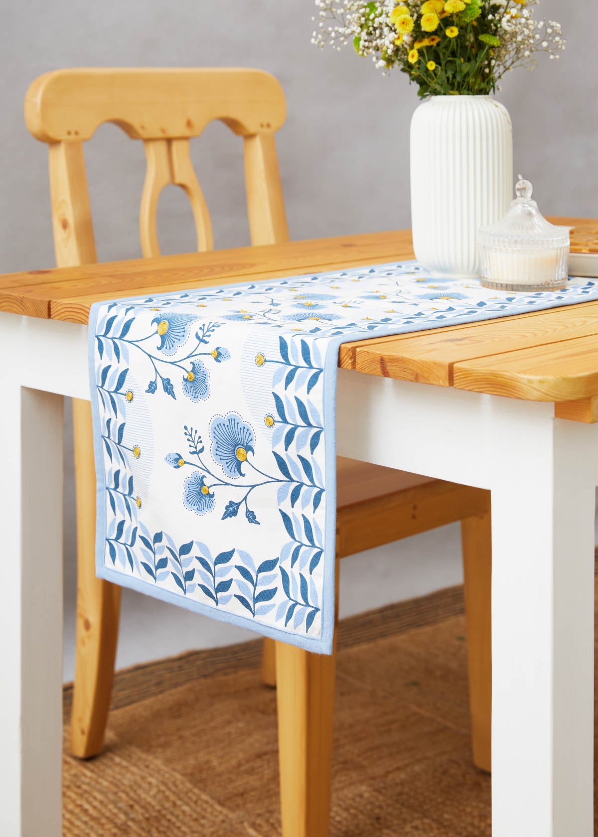 Coromandel 100% cotton ethnic table runner for 4 seater or 6 seater Dining with tassels - Powder blue