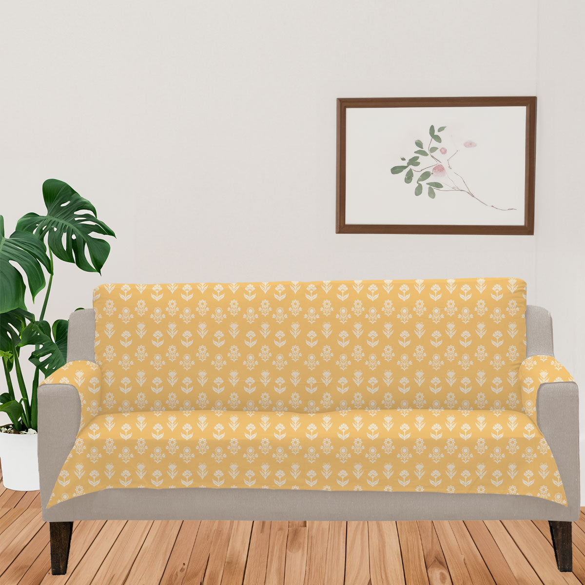 Dahlia Mustard 100% Cotton floral Sofa cover - Mustard