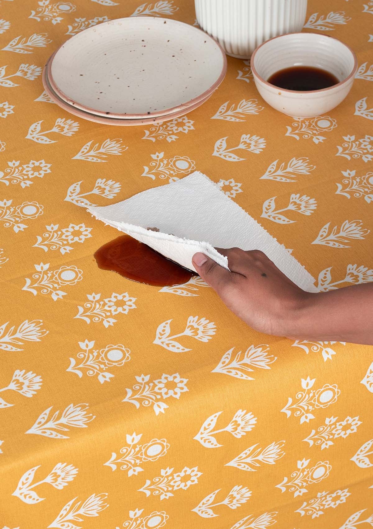 Dahlia Mustard Spill safe water-resistant coated cotton table cloth