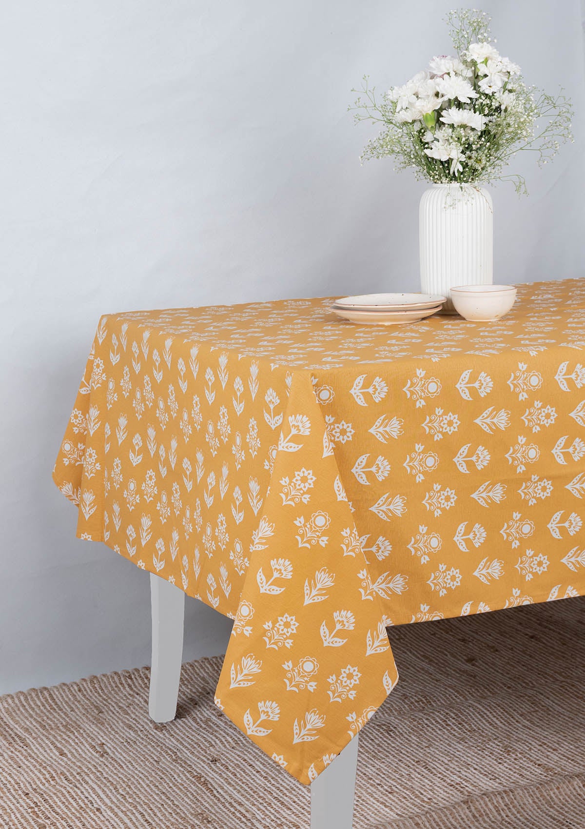 Dahlia Mustard Spill safe water-resistant coated cotton table cloth