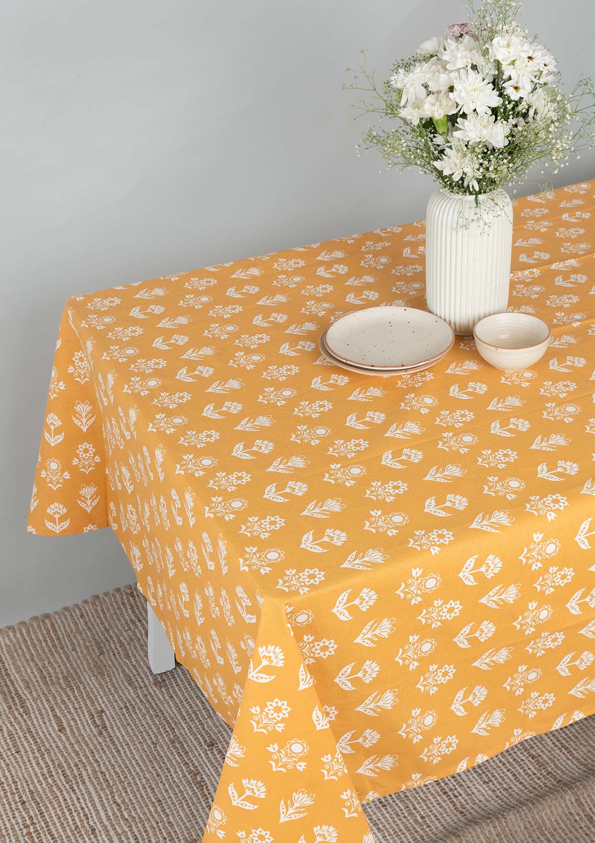 Dahlia Mustard Spill safe water-resistant coated cotton table cloth