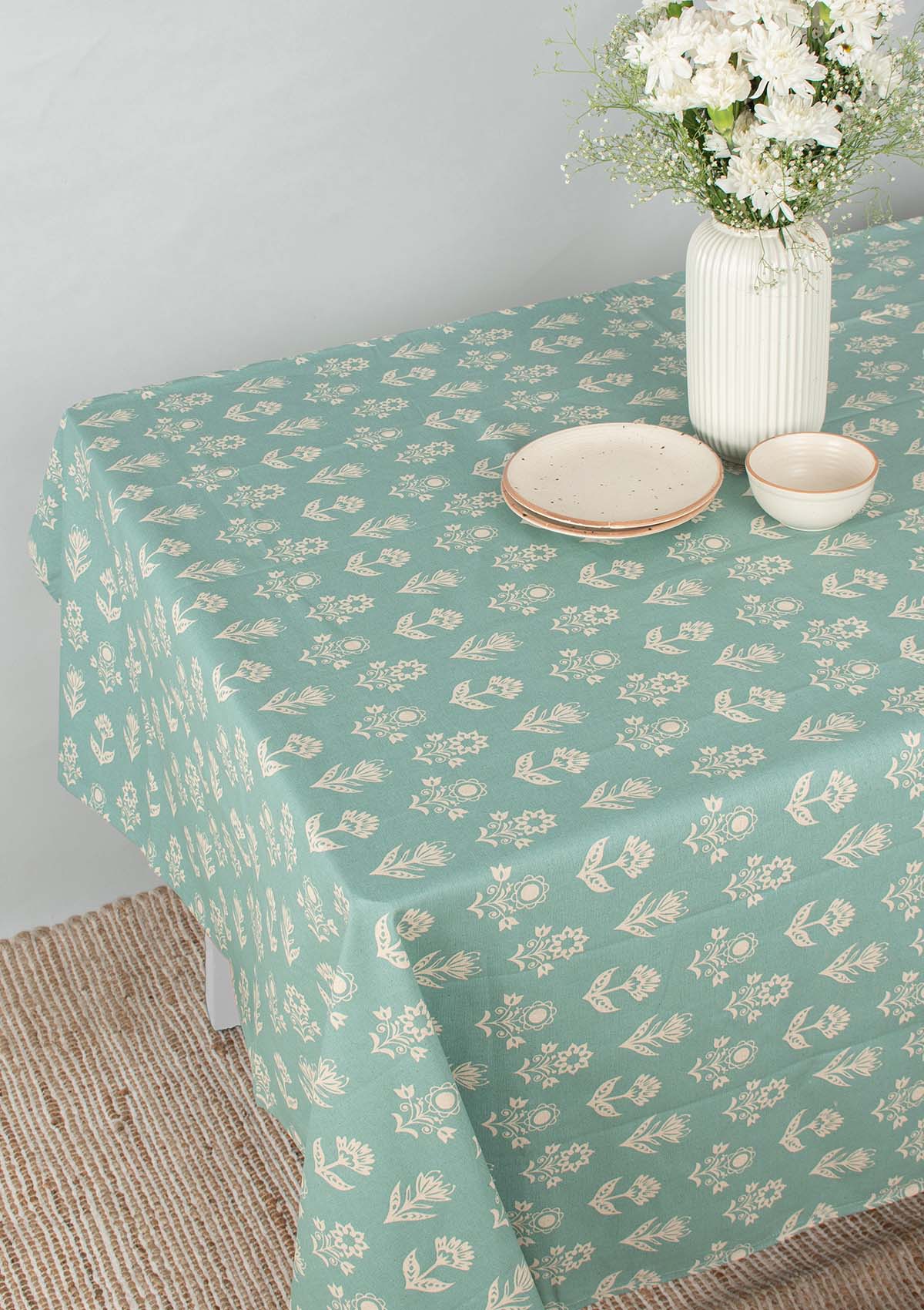 Dahlia Nile Blue Spill safe water-resistant coated cotton table cloth