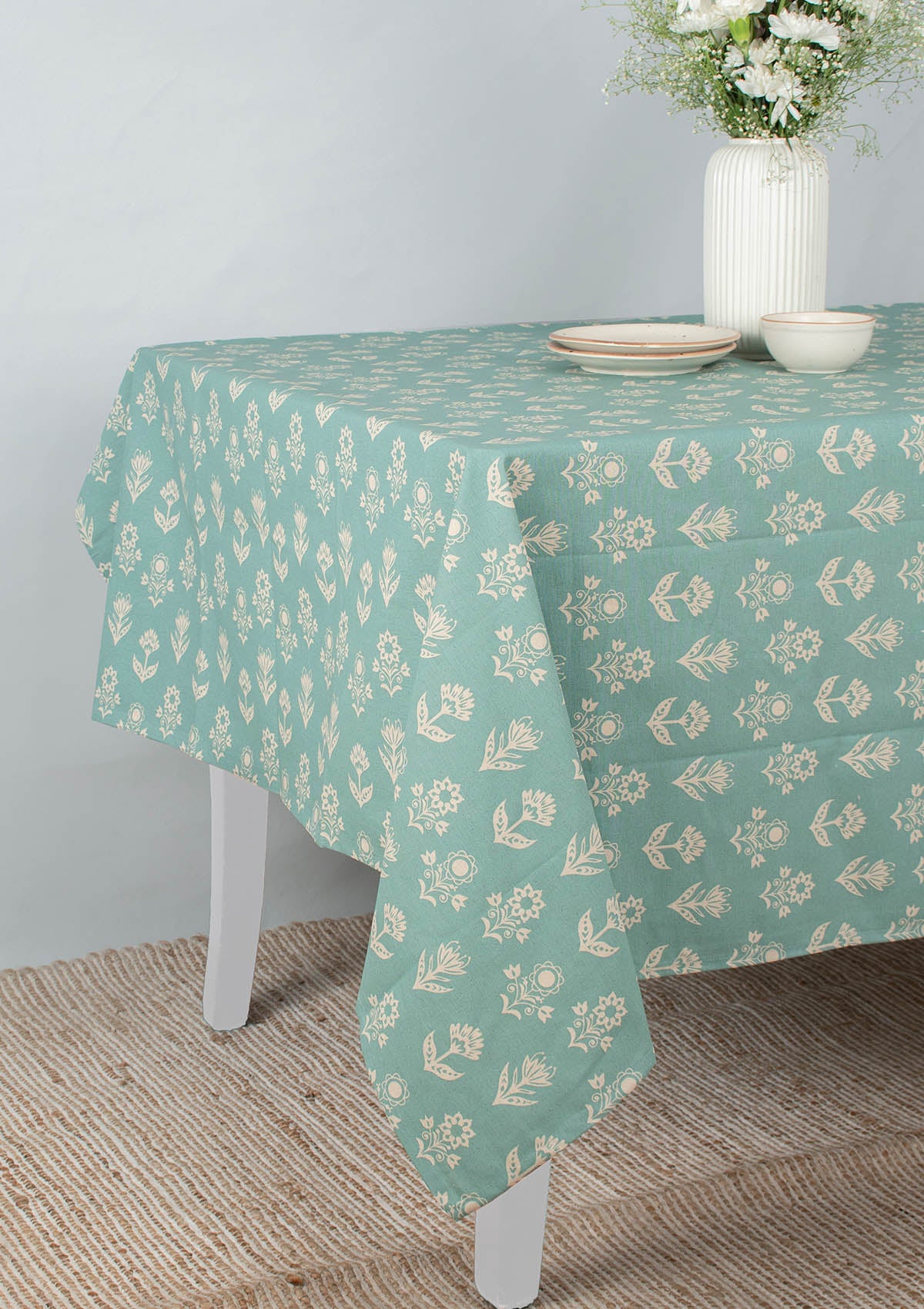 Dahlia Nile Blue Spill safe water-resistant coated cotton table cloth