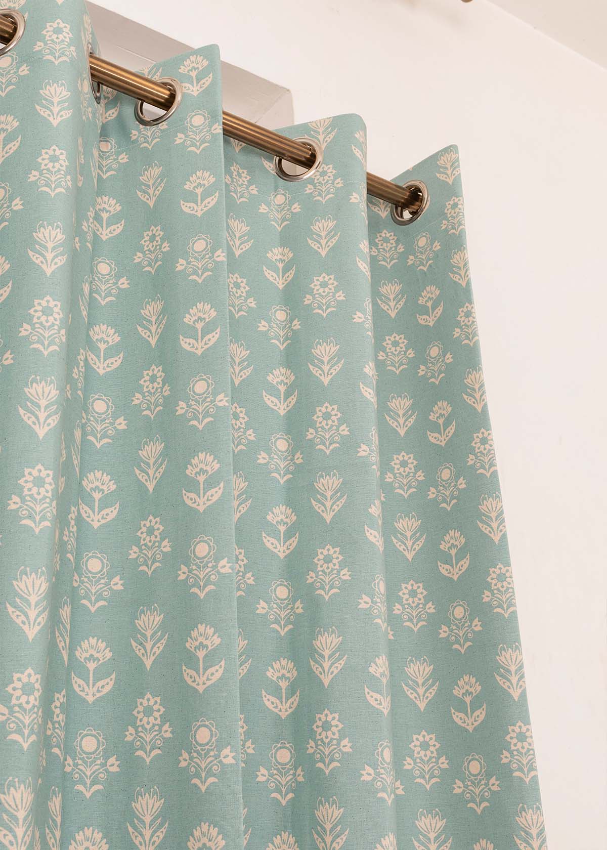 Dahlia Printed Cotton Curtain - Nile Blue
