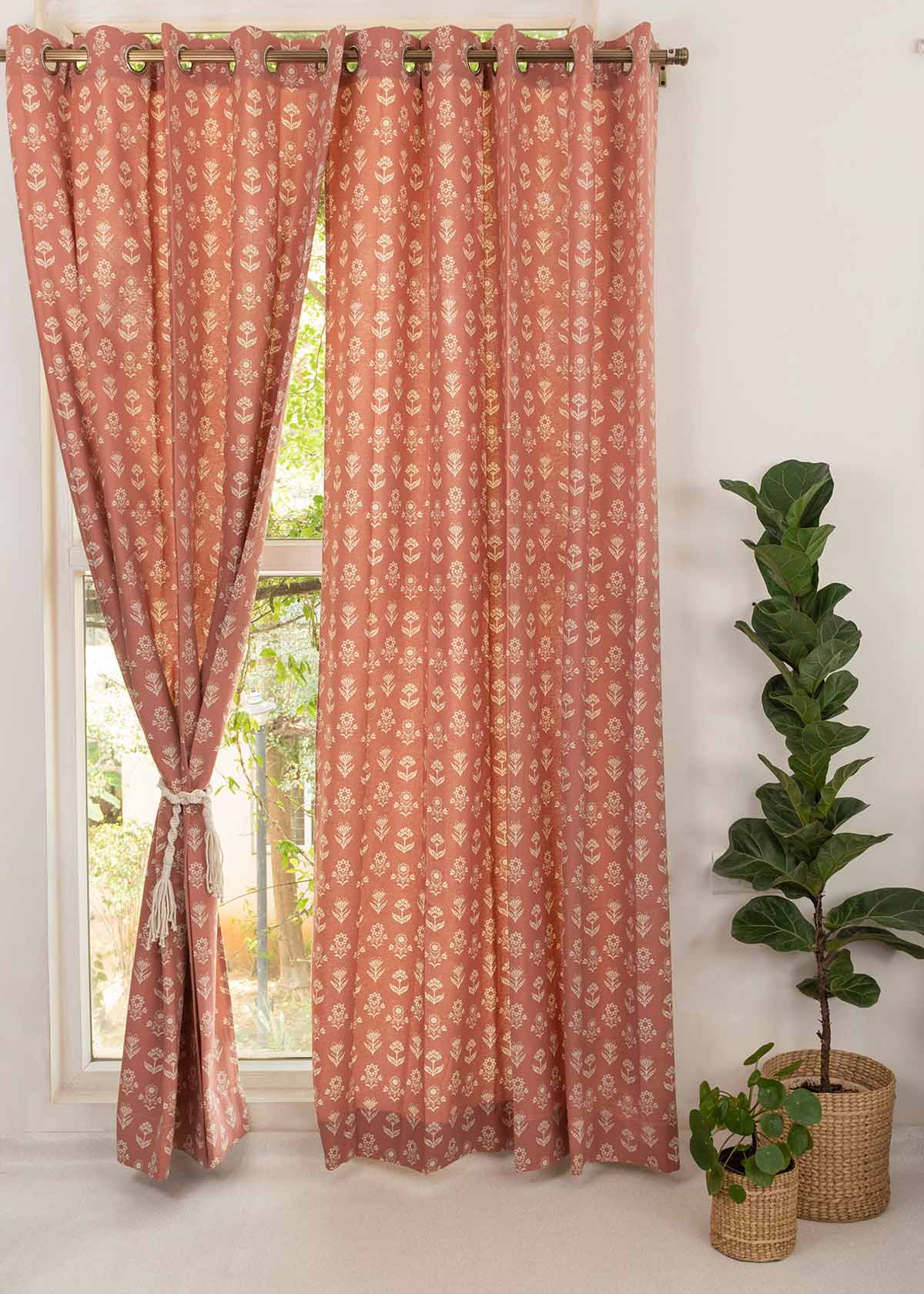 Dahlia Printed Cotton Curtain - Rust