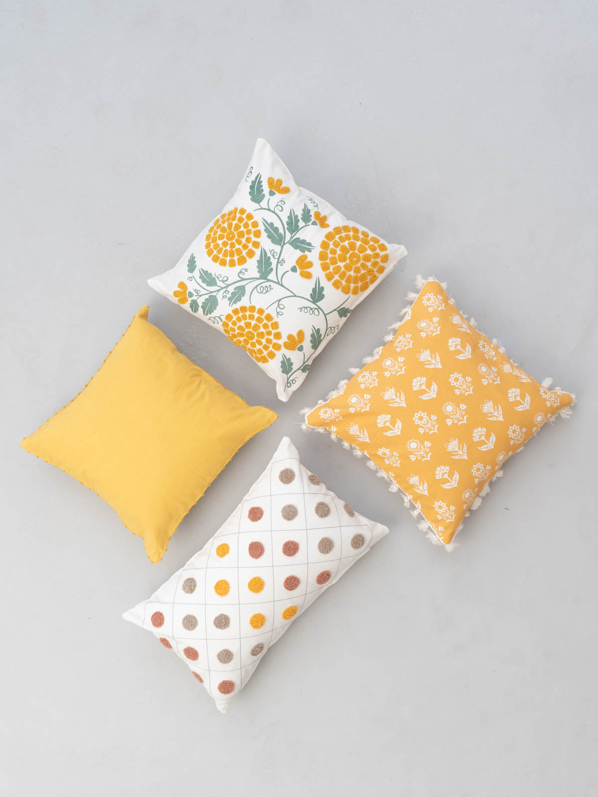 Dahlia Yellow, Mystique Marigold, Dainty Dots Yellow , Solid Mustard Set Of 4 Combo Cotton Cushion Cover - Yellow