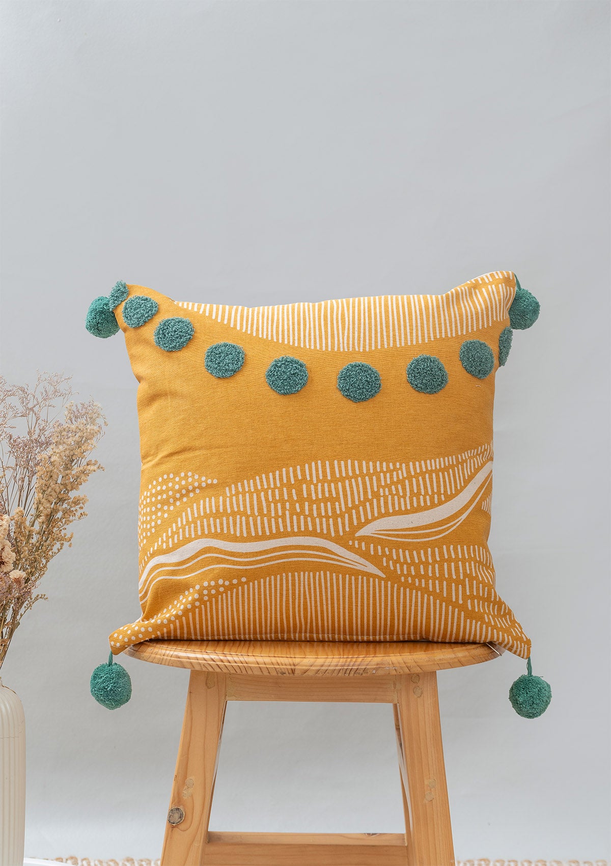 Dawn 100% cotton embroidered boho cushion cover combo set for sofa- Mustard and aqua blue