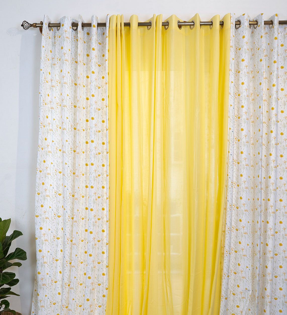Drifting Dandelion In Yellow, Pale Banana Sheer Set Of 2 Combo Cotton Curtain - Yellow