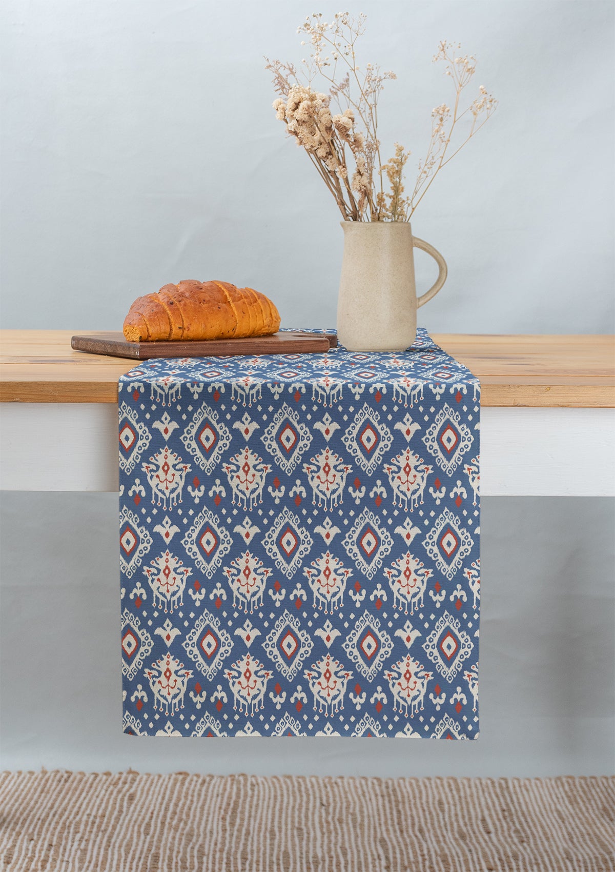 Durbar Ikat Geometric Printed 100% Cotton Table Runner with lace for 4 seater, 6 seater and 8 seater dining - Royal blue and Brick Red