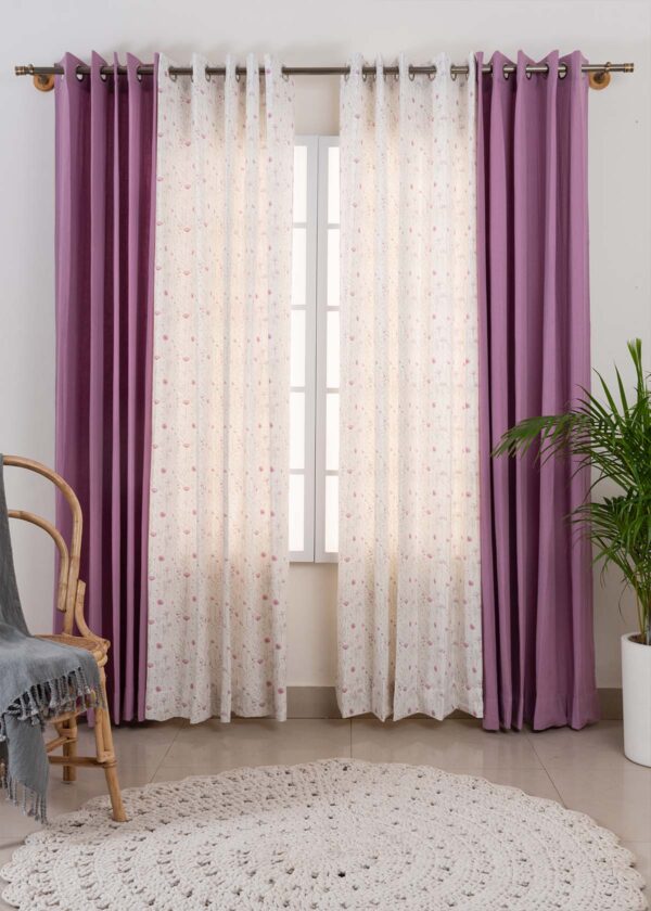 Dusty Lavender Linen, Drifting Dandelion Set of 4 Combo Cotton Curtain - Lavender
