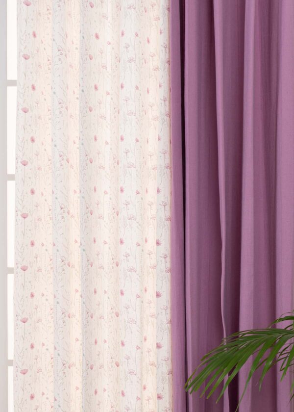 Dusty Lavender Linen, Drifting Dandelion Set of 4 Combo Cotton Curtain - Lavender