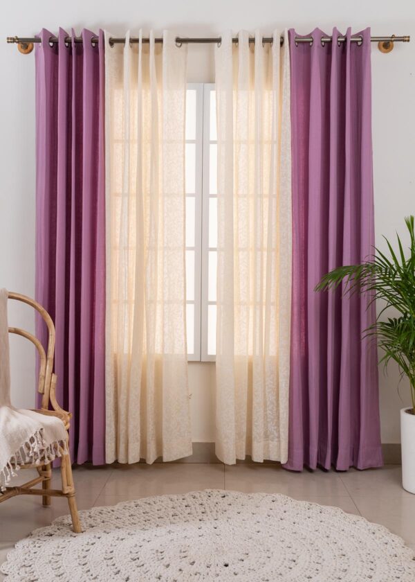 Dusty Lavender Linen, Trailing Berries Sheer Set Of 2 Combo Cotton Curtain - Lavender, Cream
