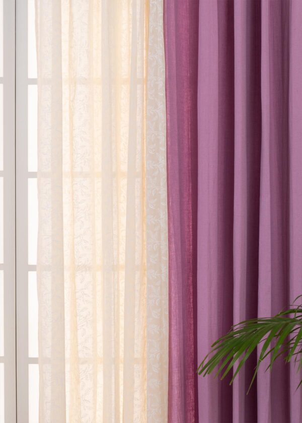 Dusty Lavender Linen, Trailing Berries Sheer Set Of 2 Combo Cotton Curtain - Lavender, Cream