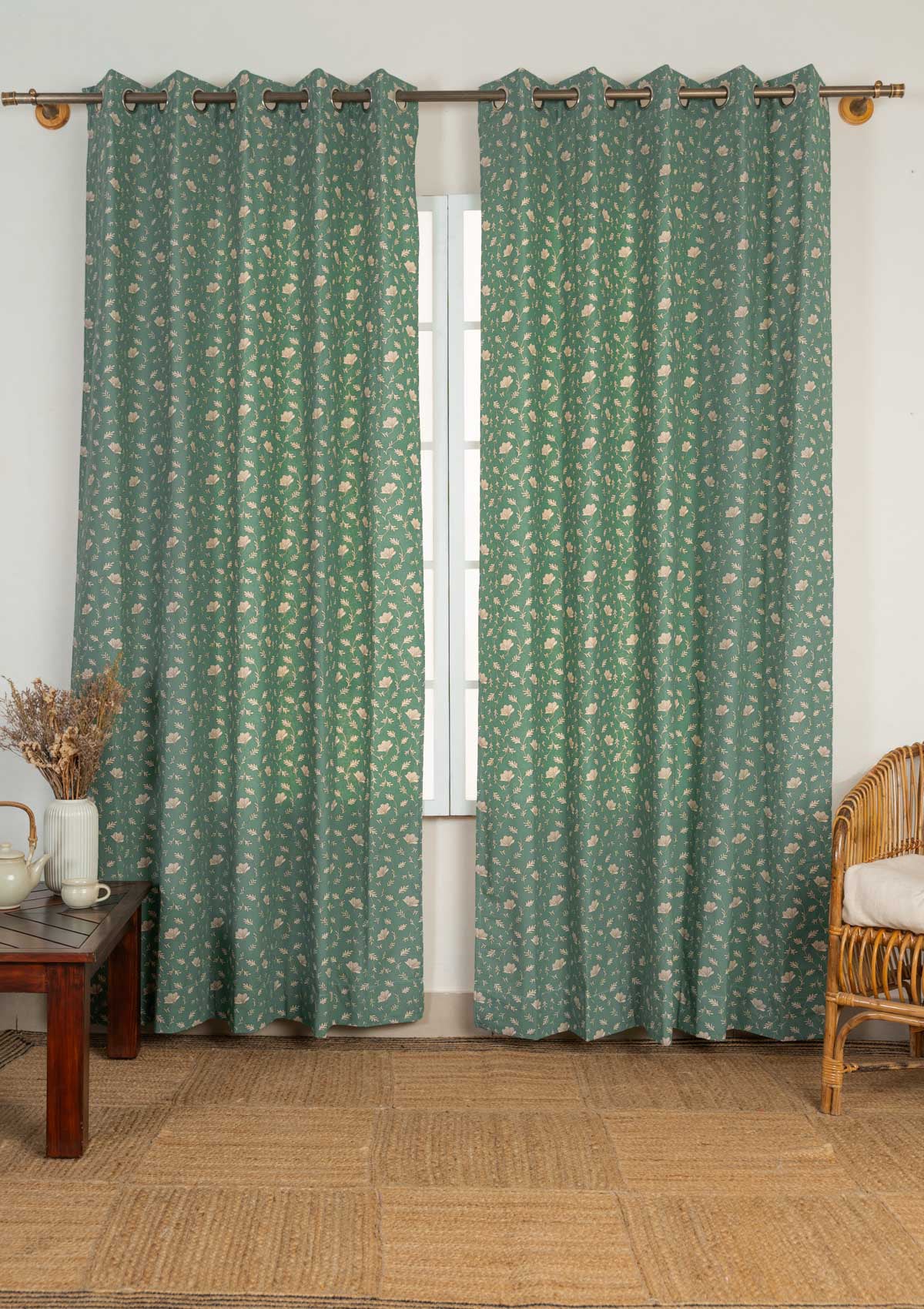 Eden aqua blue 100% cotton floral curtain for bed room - Room darkening - Single - Pack of 1