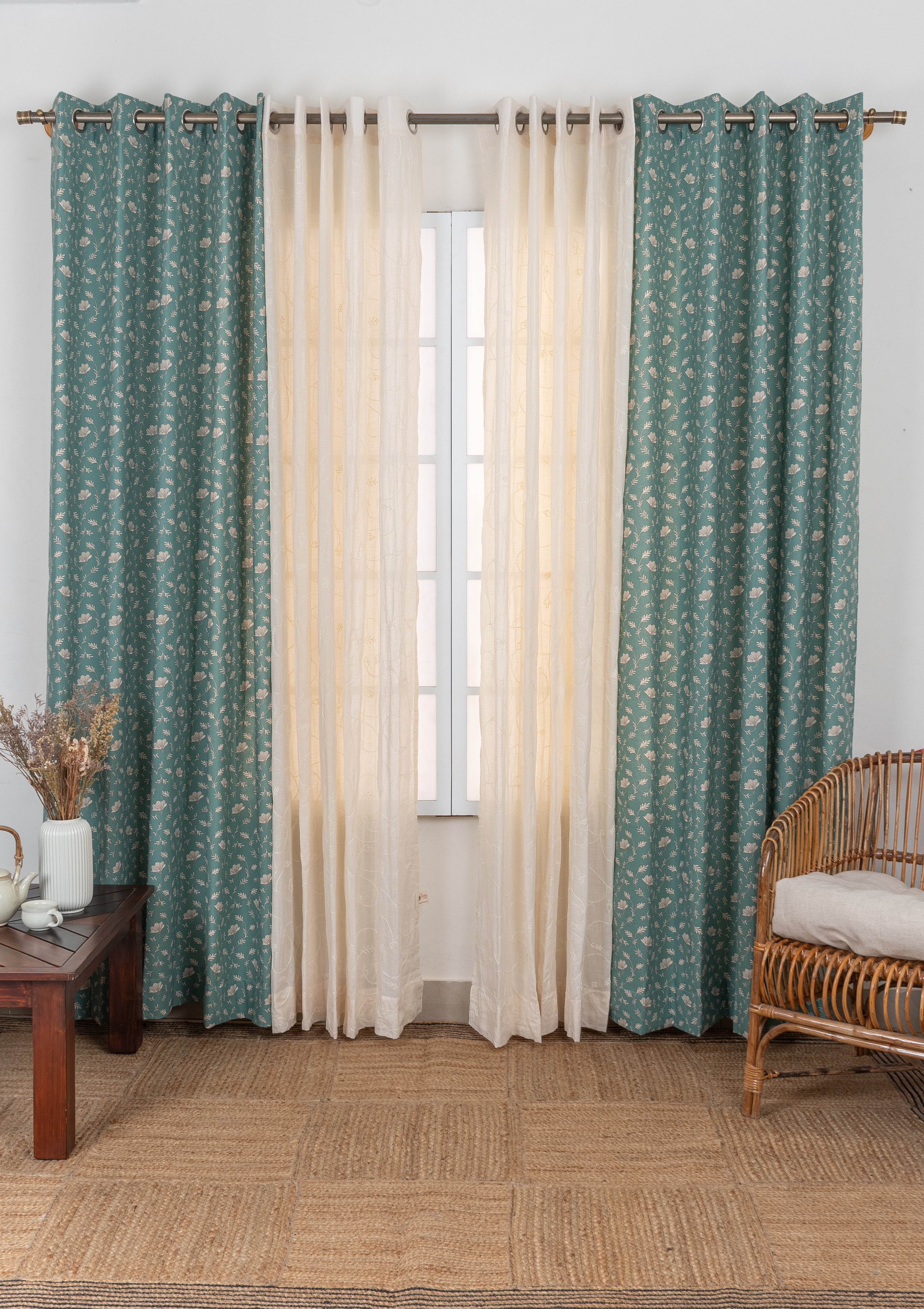Eden floral cotton curtain Aqua blue with Ivy wines embroidered cream 100% cotton curtains for living room - Set of 4