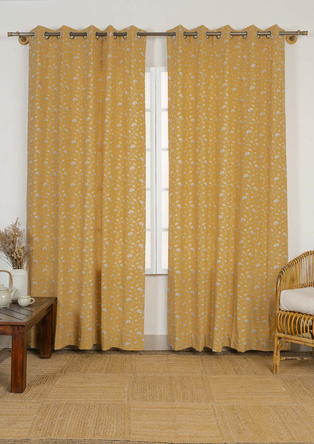 Eden mustard 100% cotton floral curtain for bed room - Room darkening - Single