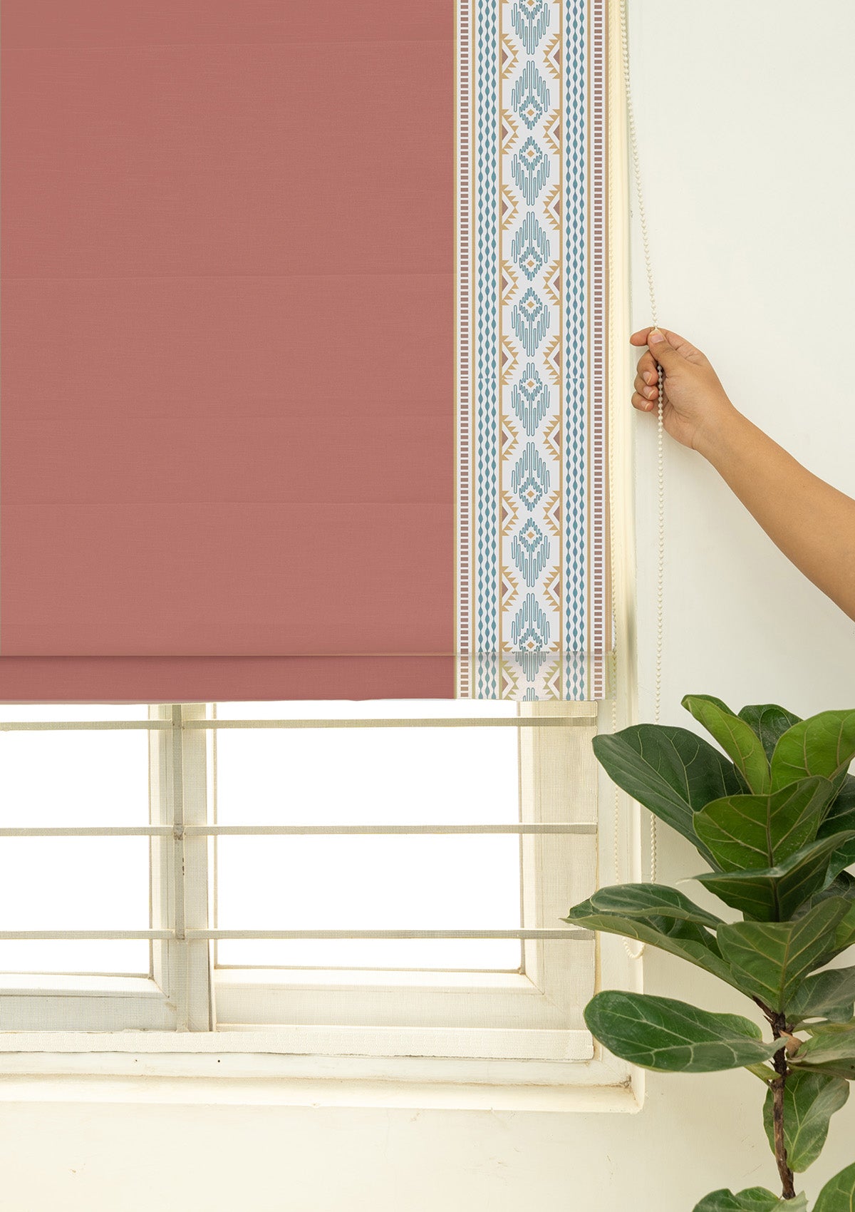 Elba Rust Embroidered Trim 100% Cotton Blind For Living Room | Room Darkening