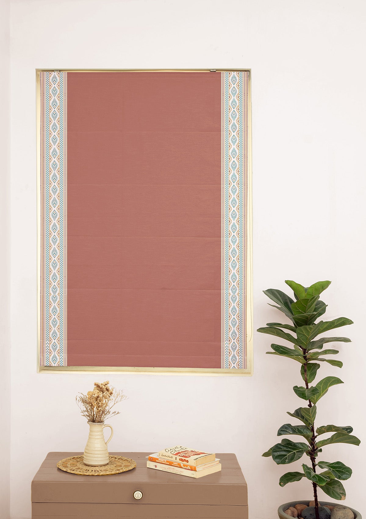Elba Rust Embroidered Trim 100% Cotton Blind For Living Room | Room Darkening