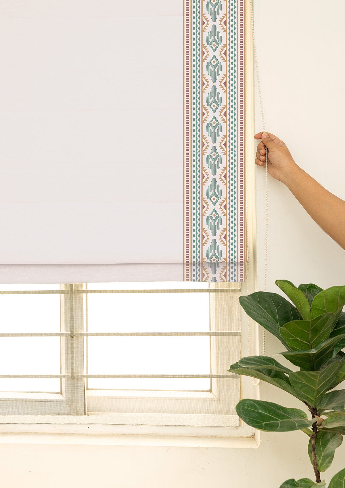 Elba White Embroidered Trim 100% Cotton Blind For Living Room | Light Filtering