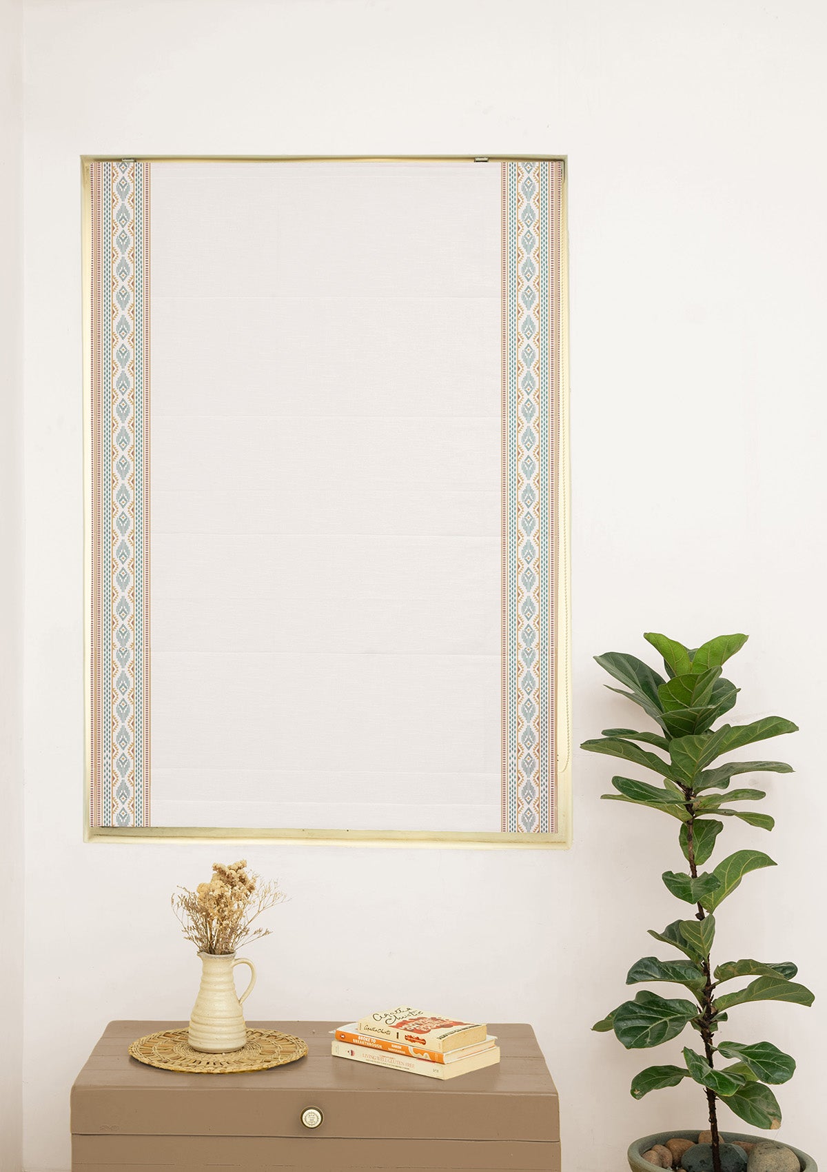 Elba White Embroidered Trim 100% Cotton Blind For Living Room | Light Filtering