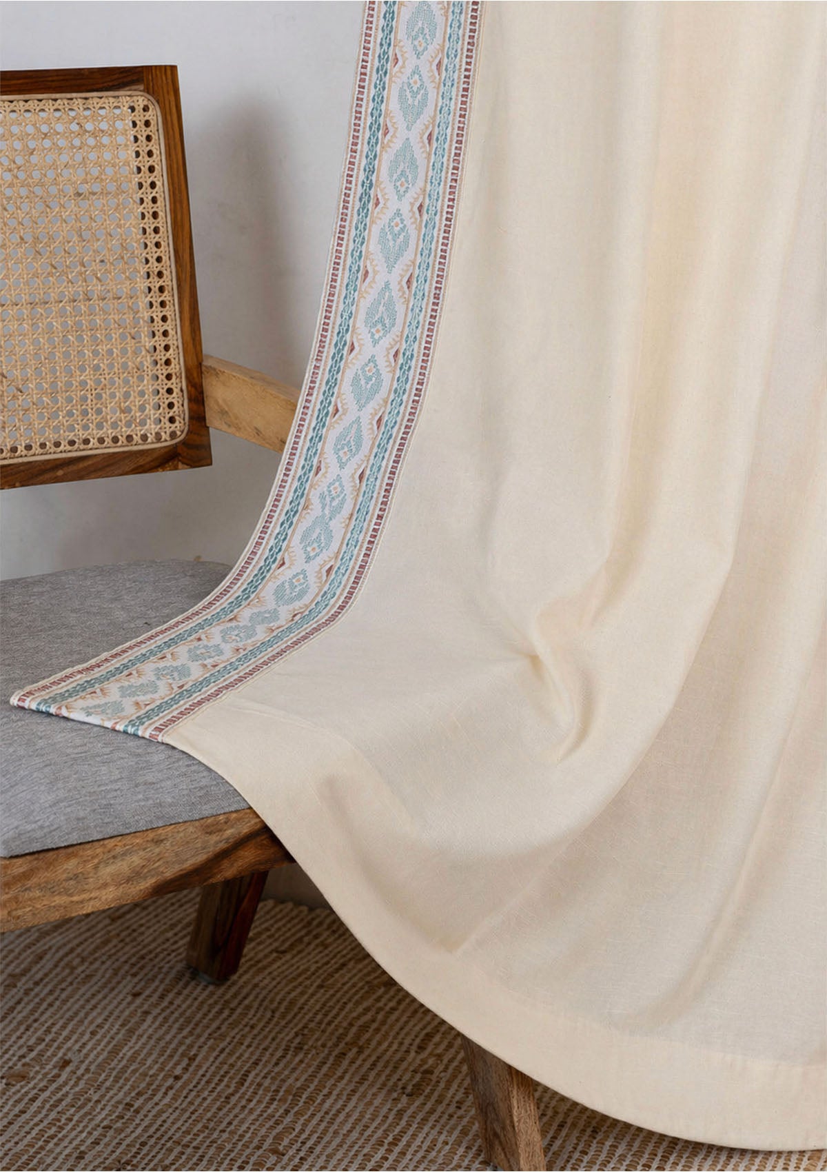 Elba Cream Embroidered Trim 100% Cotton Curtain For Living Room |Room Darkening | Single Piece