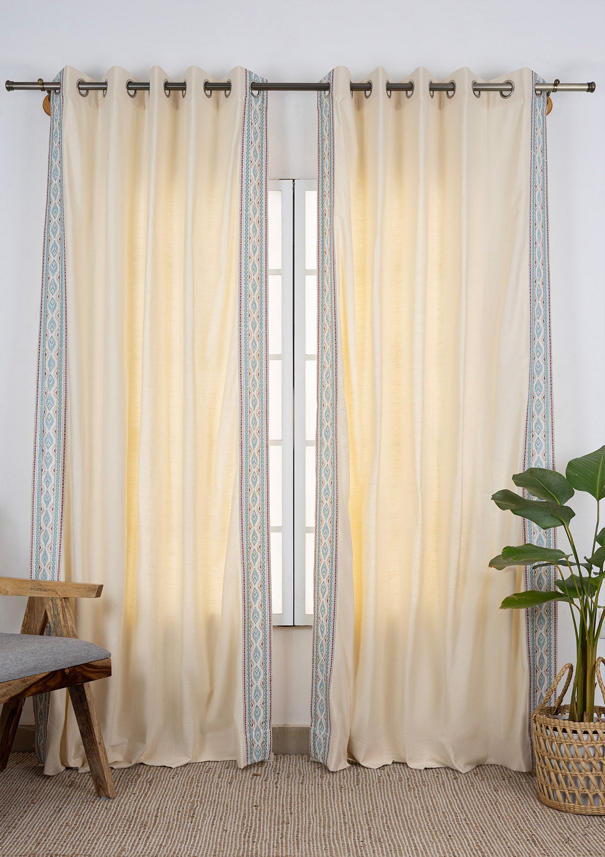 Elba Embroidered Trim Room Darkening & Arden Printed Sheer Light Reduction | 100% Cotton for Living Room & Bedroom | Geometric | Cream & Teal | Combo Curtains | Pack of 4