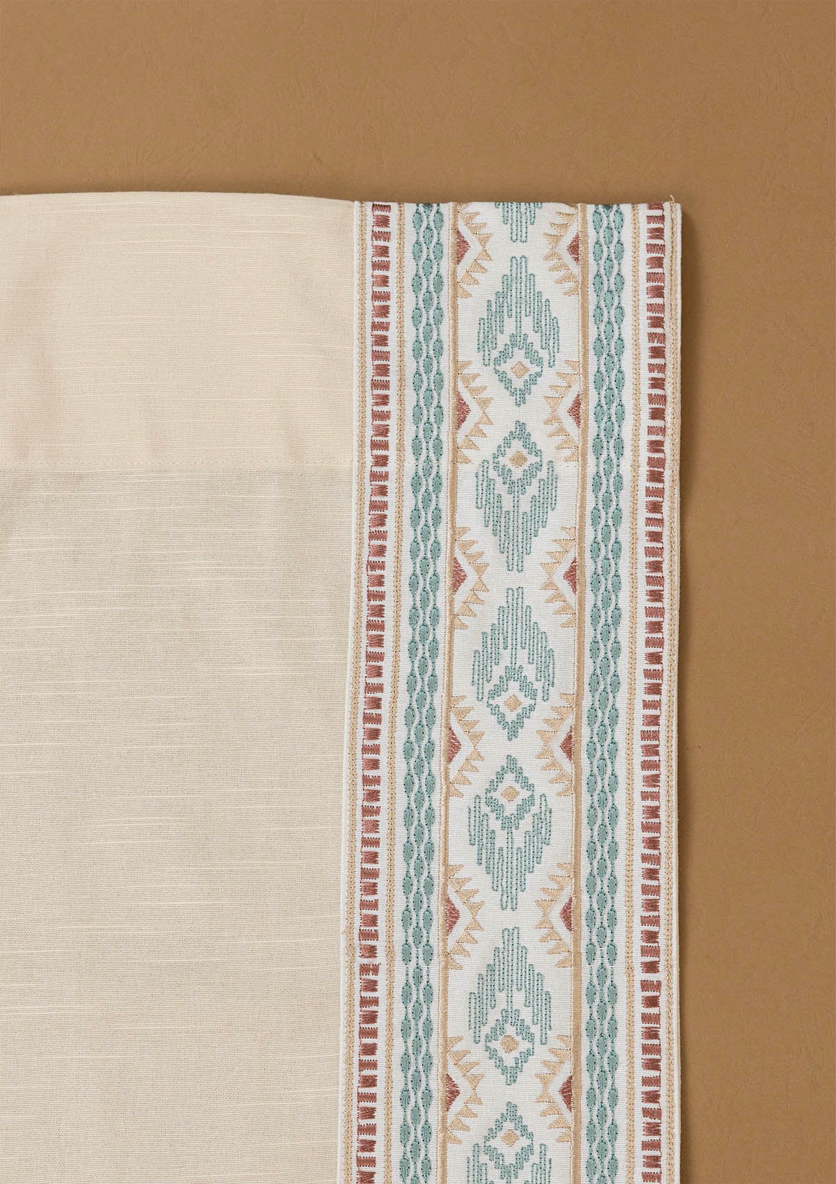 Elba Cream Embroidered Trim 100% Cotton Curtain For Living Room |Room Darkening | Single Piece