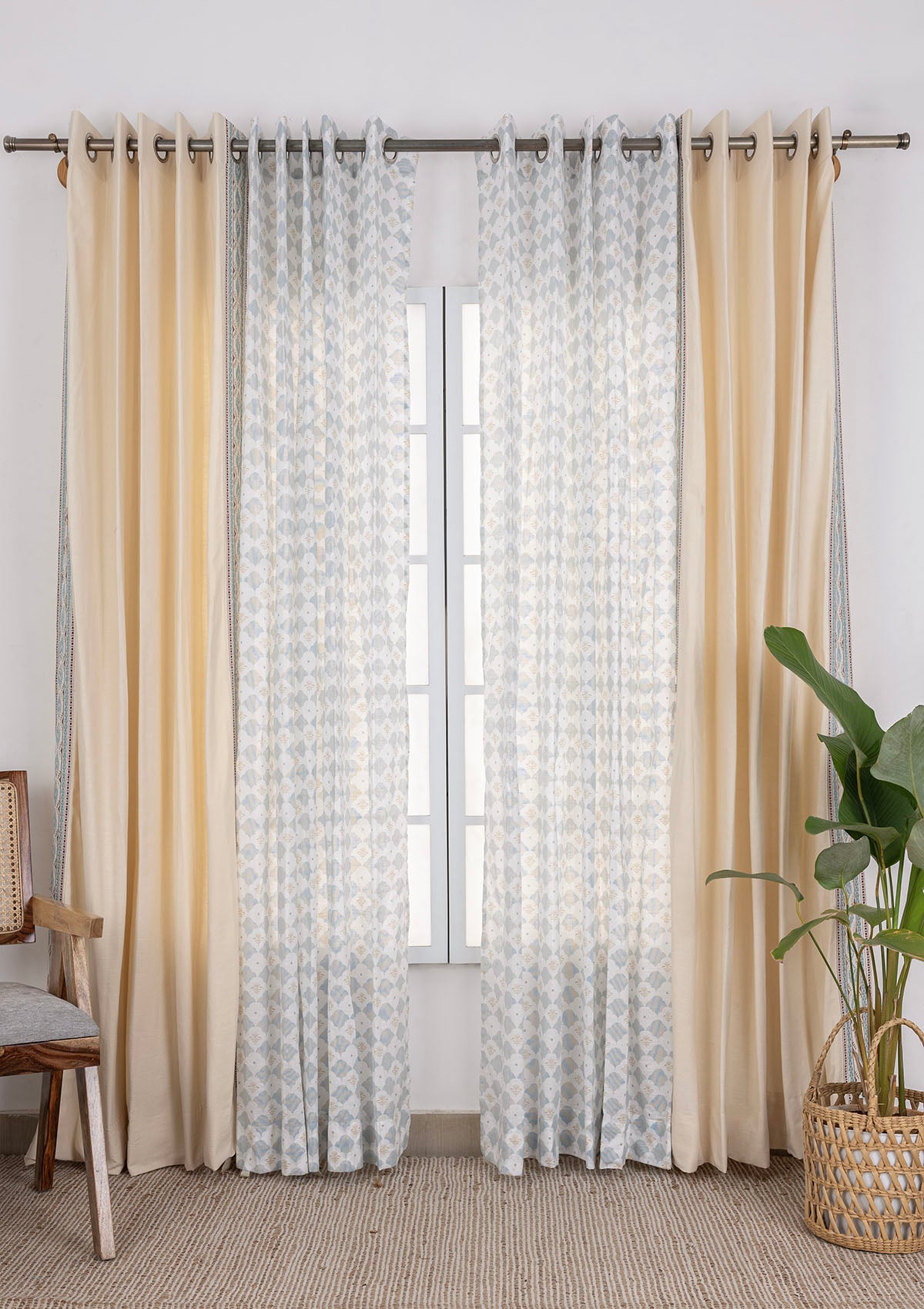 Elba Embroidered Trim Room Darkening & Arden Printed Sheer Light Reduction | 100% Cotton for Living Room & Bedroom | Geometric | Cream & Teal | Pack of 4