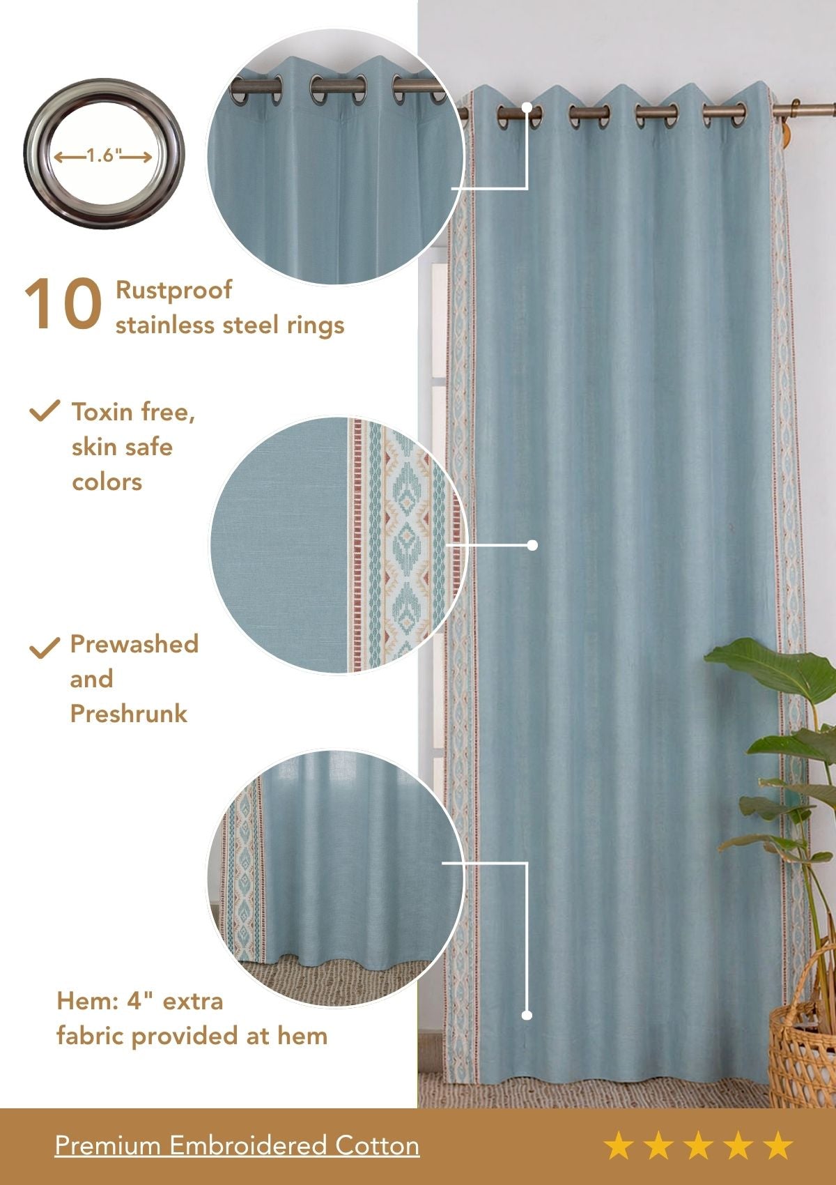 Elba Marine Teal Embroidered Trim 100% Cotton Curtain For Bedroom | Room Darkening | Single Piece