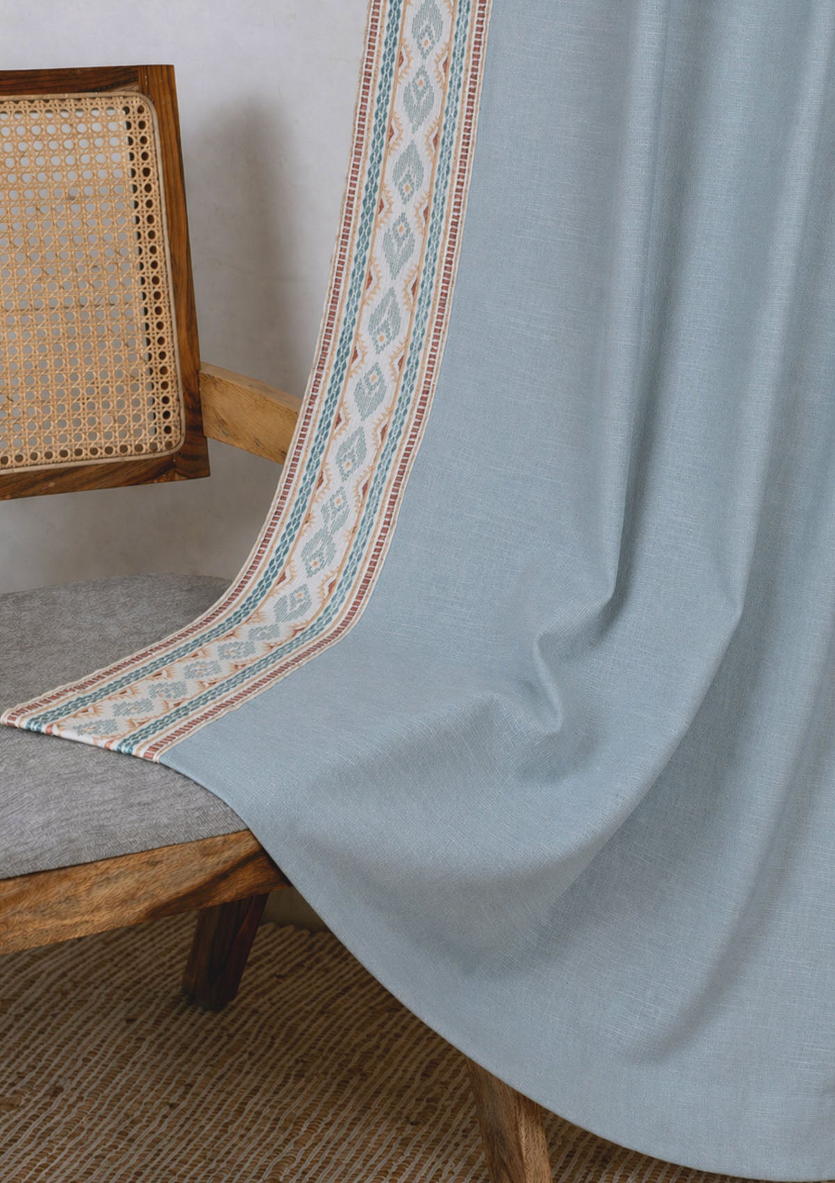 Elba Marine Teal Embroidered Trim 100% Cotton Curtain For Bedroom | Room Darkening | Single Piece