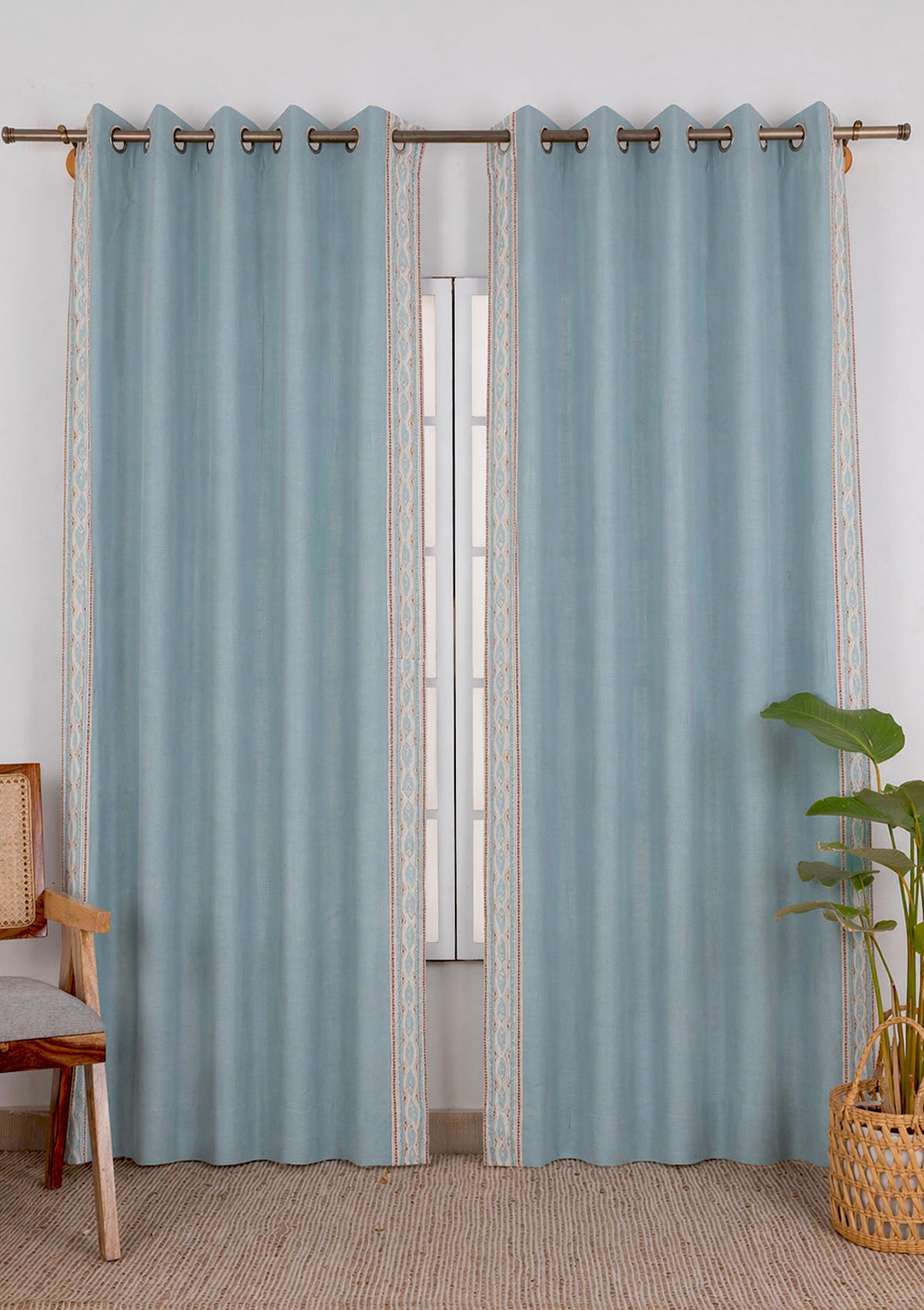 Elba Embroidered Trim Room Darkening & Arden Printed Sheer Light Reduction | 100% Cotton for Living Room & Bedroom | Geometric | Marine Teal | Combo Curtains | Pack of 4
