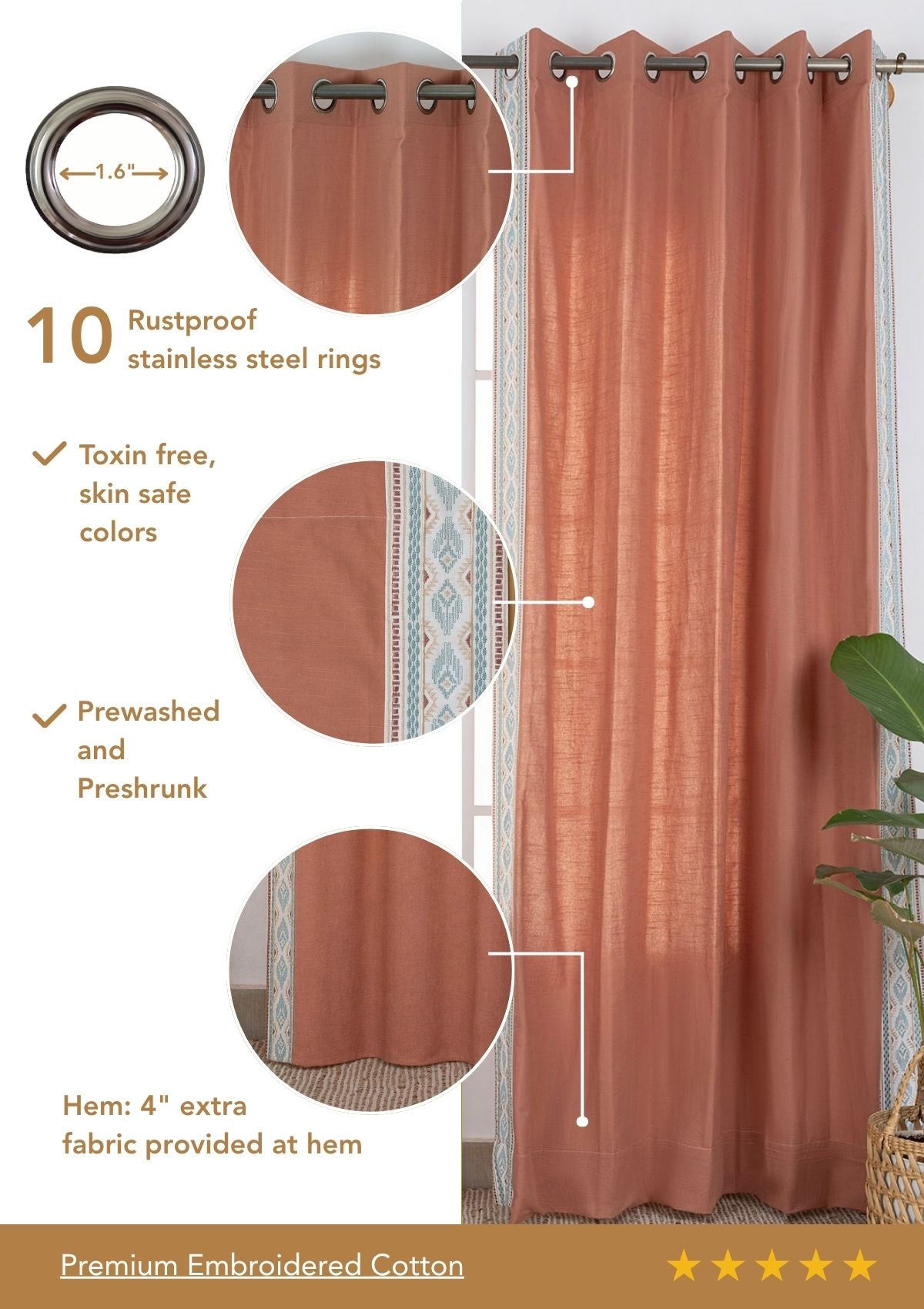Elba Rust Embroidered Trim 100% Cotton Curtain For Living Room | Room Darkening | Single Piece