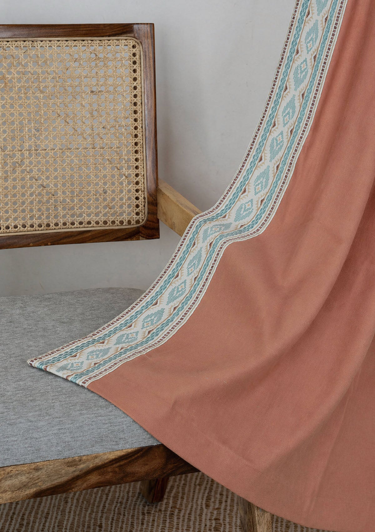 Elba Rust Embroidered Trim 100% Cotton Curtain For Living Room | Room Darkening | Single Piece