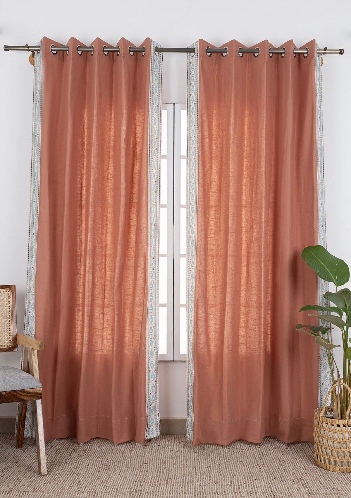 Elba Embroidered Trim Room Darkening & Roselle Printed Sheer Light Reduction | 100% Cotton for Living Room & Bedroom | Floral | Rust & Pink | Combo Curtains | Pack of 4