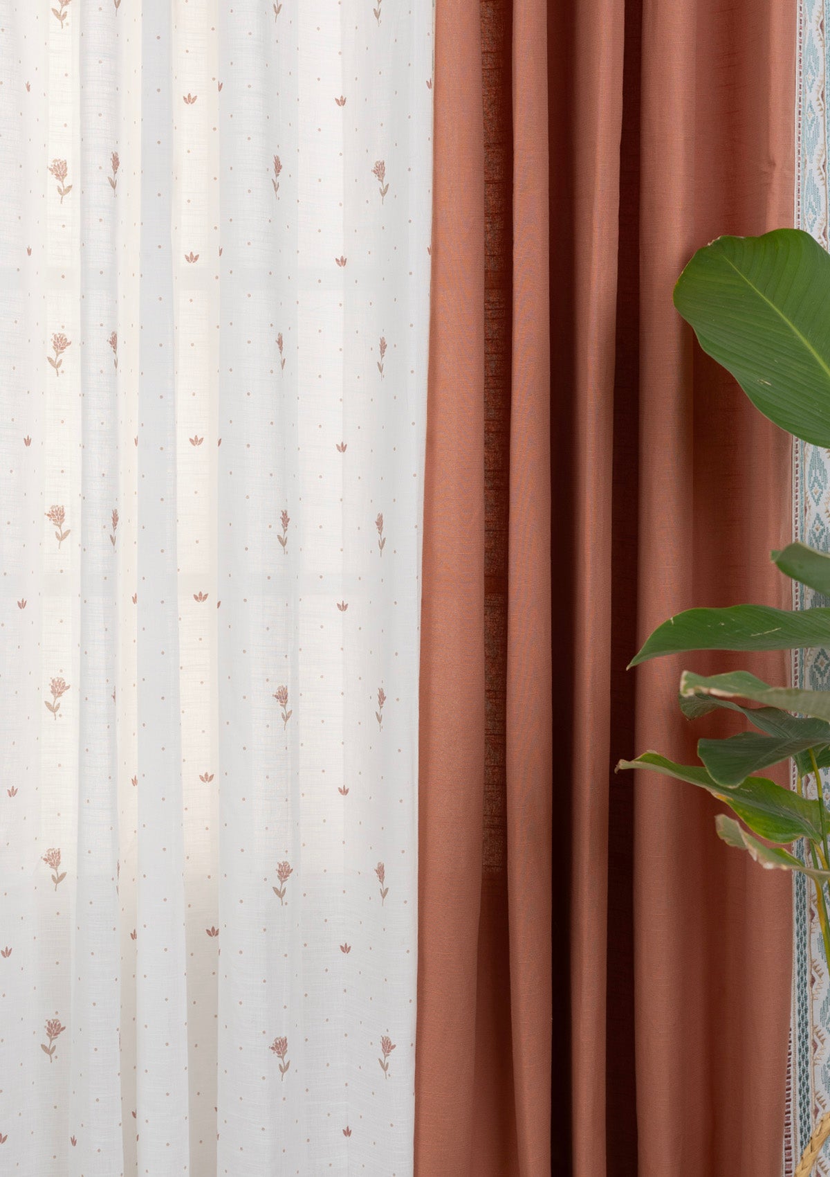 Elba Embroidered Trim Room Darkening & Roselle Printed Sheer Light Reduction | 100% Cotton for Living Room & Bedroom | Floral | Rust & Pink | Pack of 4