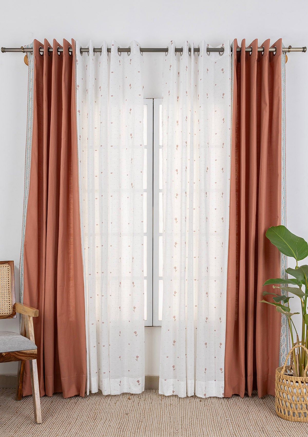 Elba Embroidered Trim Room Darkening & Roselle Printed Sheer Light Reduction | 100% Cotton for Living Room & Bedroom | Floral | Rust & Pink | Pack of 4