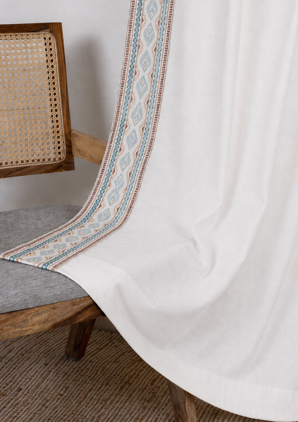 Elba White Embroidered Trim 100% Cotton Curtain For Living Room | Light Filtering | Single Piece