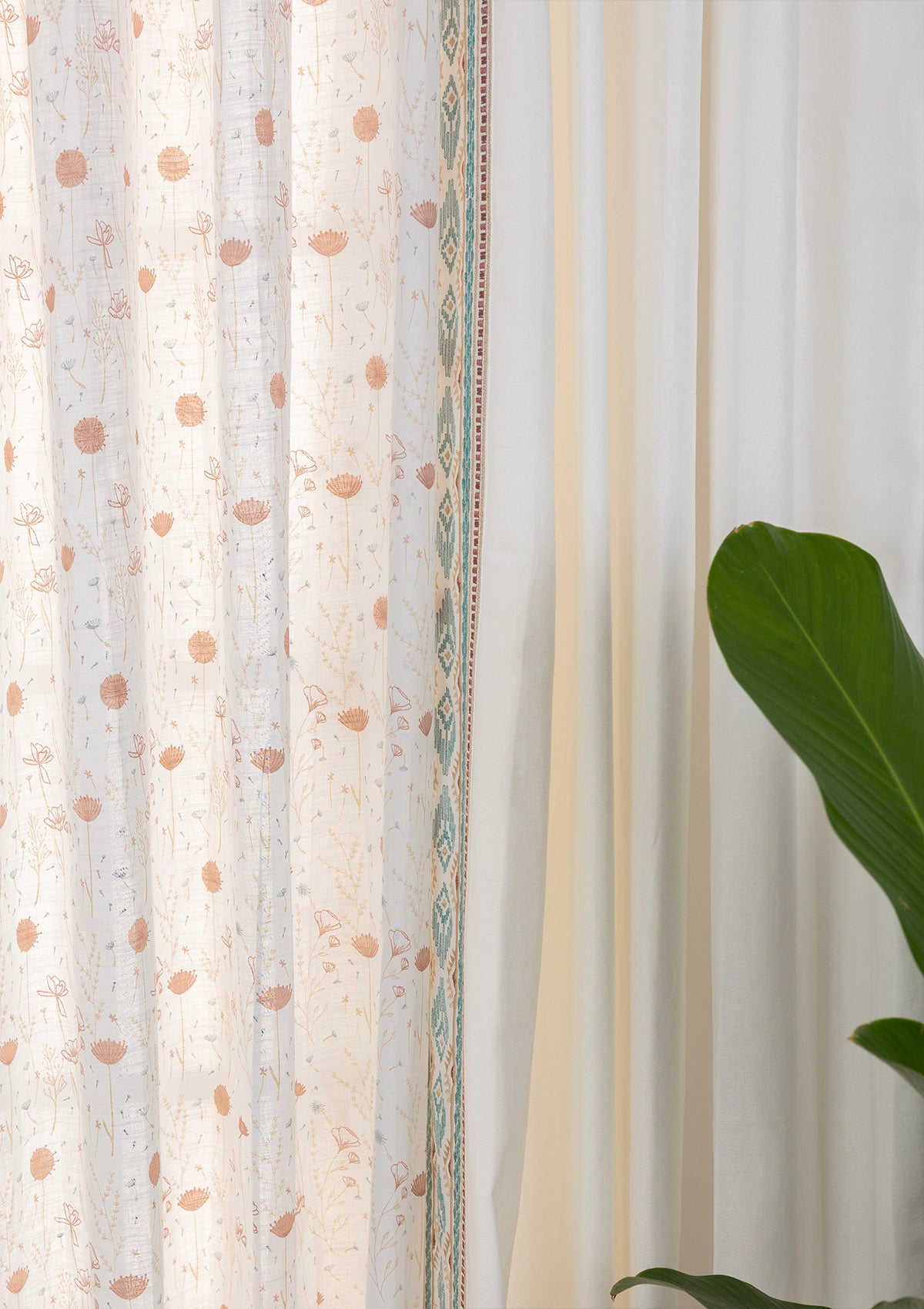 Elba Embroidered Trim Room Darkening & Ballet Printed Sheer Light Reduction | 100% Cotton for Living Room & Bedroom | Floral | White & Pink | Combo Curtains | Pack of 4