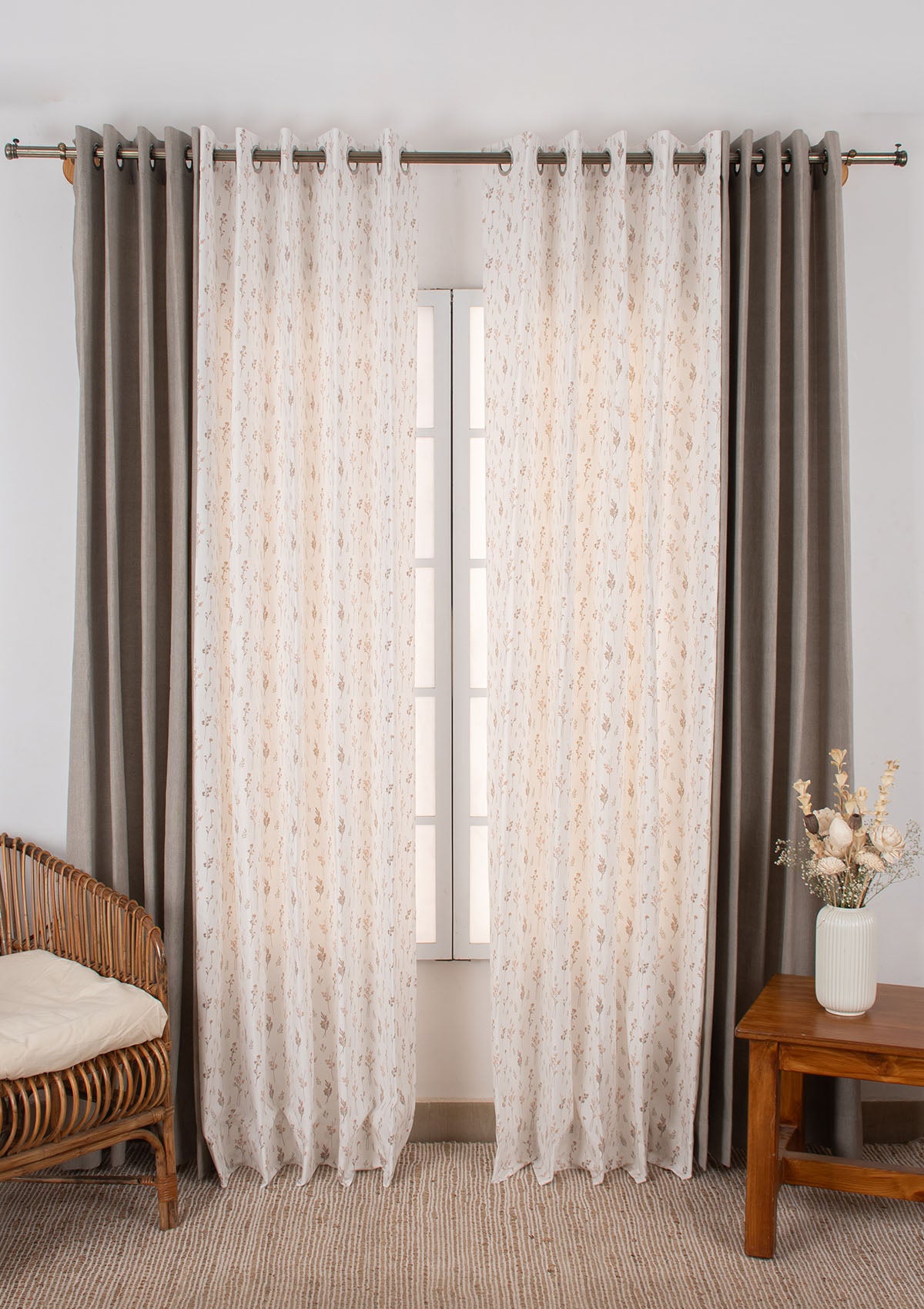 Elephant Grey Solid Linen Room-Darkening & Breeze Orange Floral Light-Reducing - 100% Cotton for Living Room & Bedroom - Pack of 4