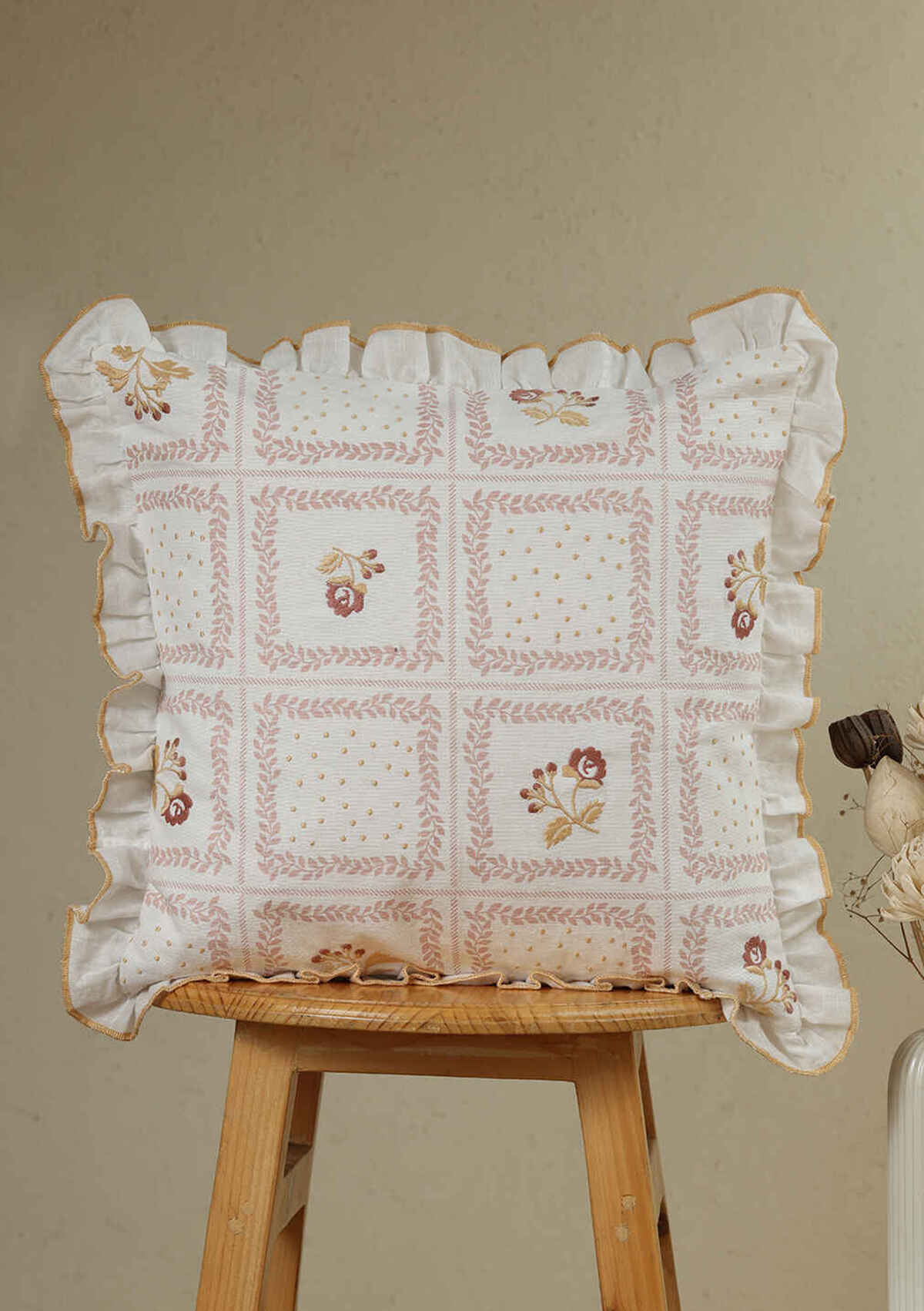 Elora Pink Embroidered 100% Cotton Cushion Cover For Sofa