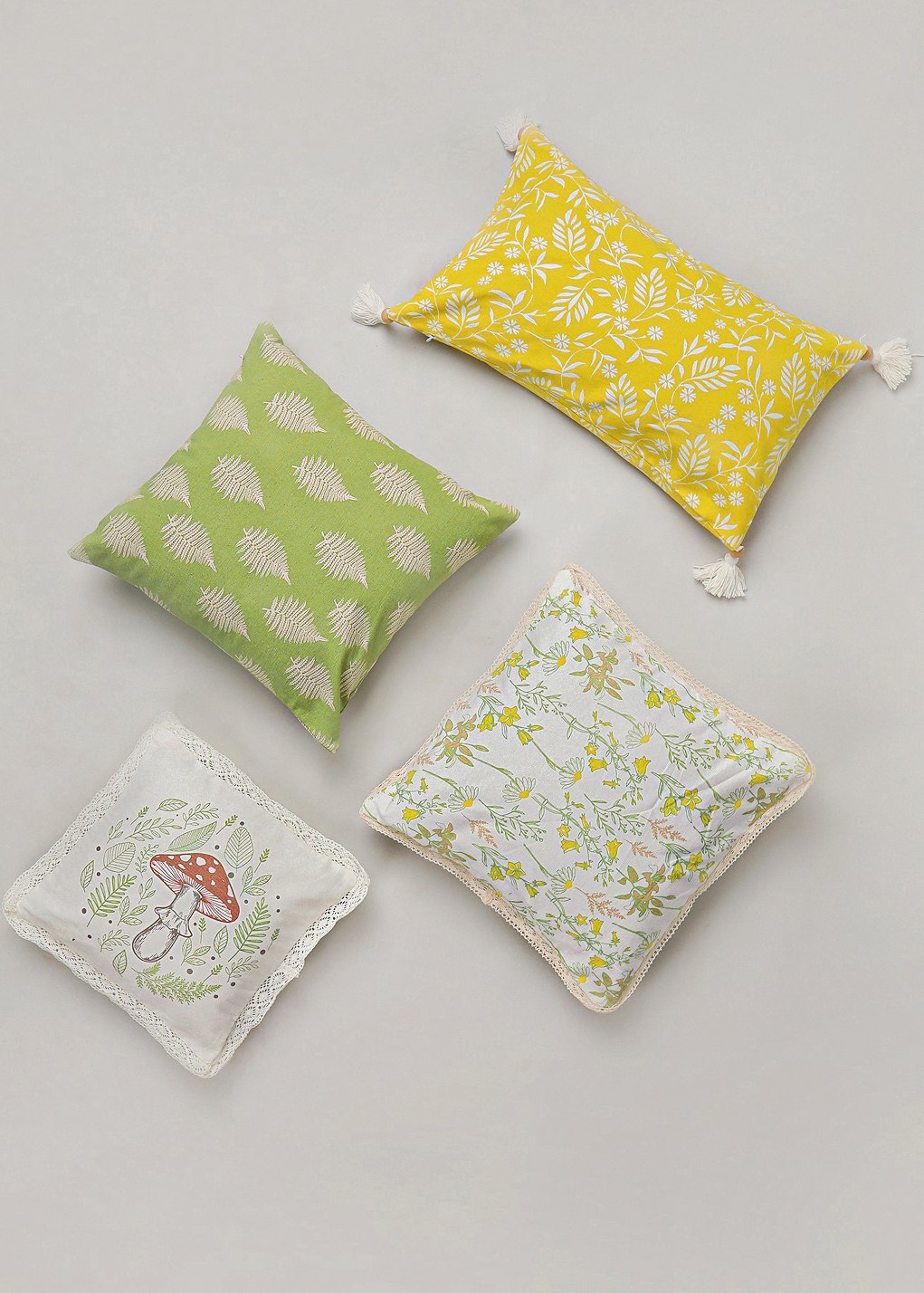 Fairy Ring 16", Tulip Garden 16" , Ferns 16" Yellow Daisy Lumbar Set Of 4 Combo Cotton Cushion Cover - Yellow And Cream