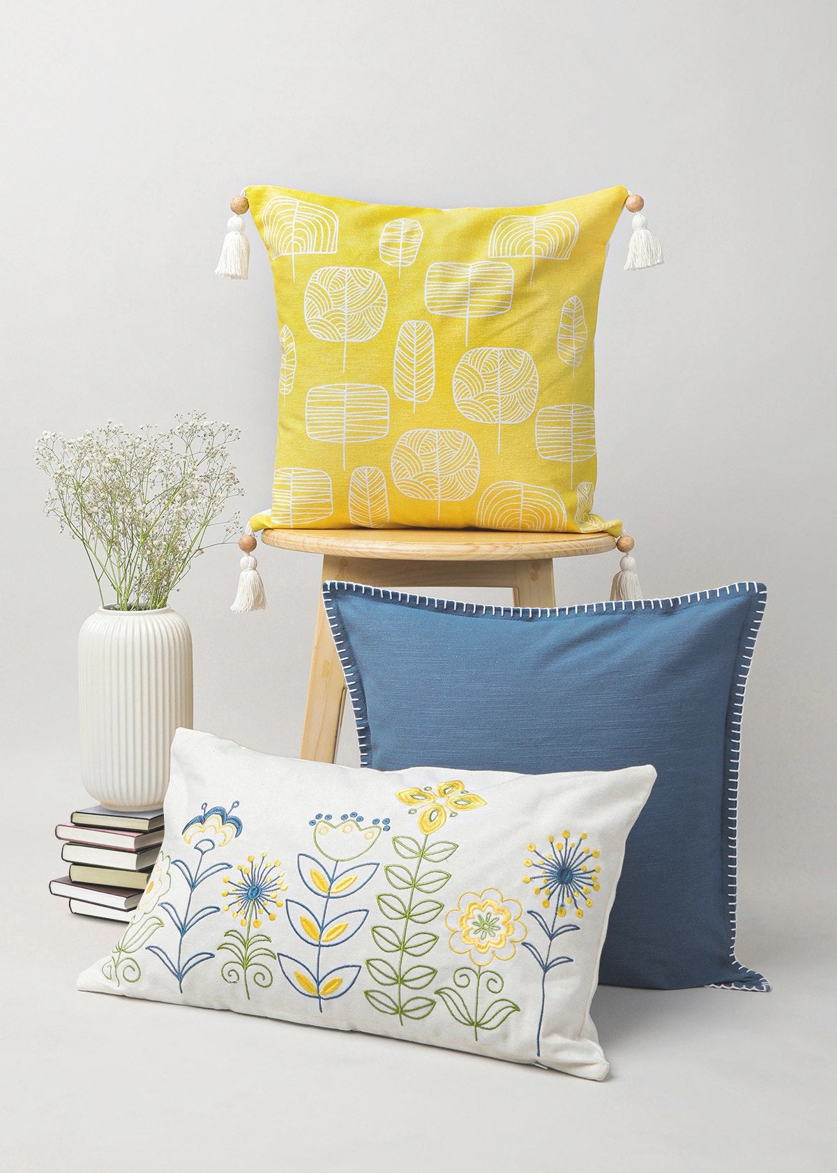 Flowerbed Lumbar, Spring Forest 16", Royal Blue 16" Set Of 3 Combo Cotton Cushion Cover - Yellow And Blue