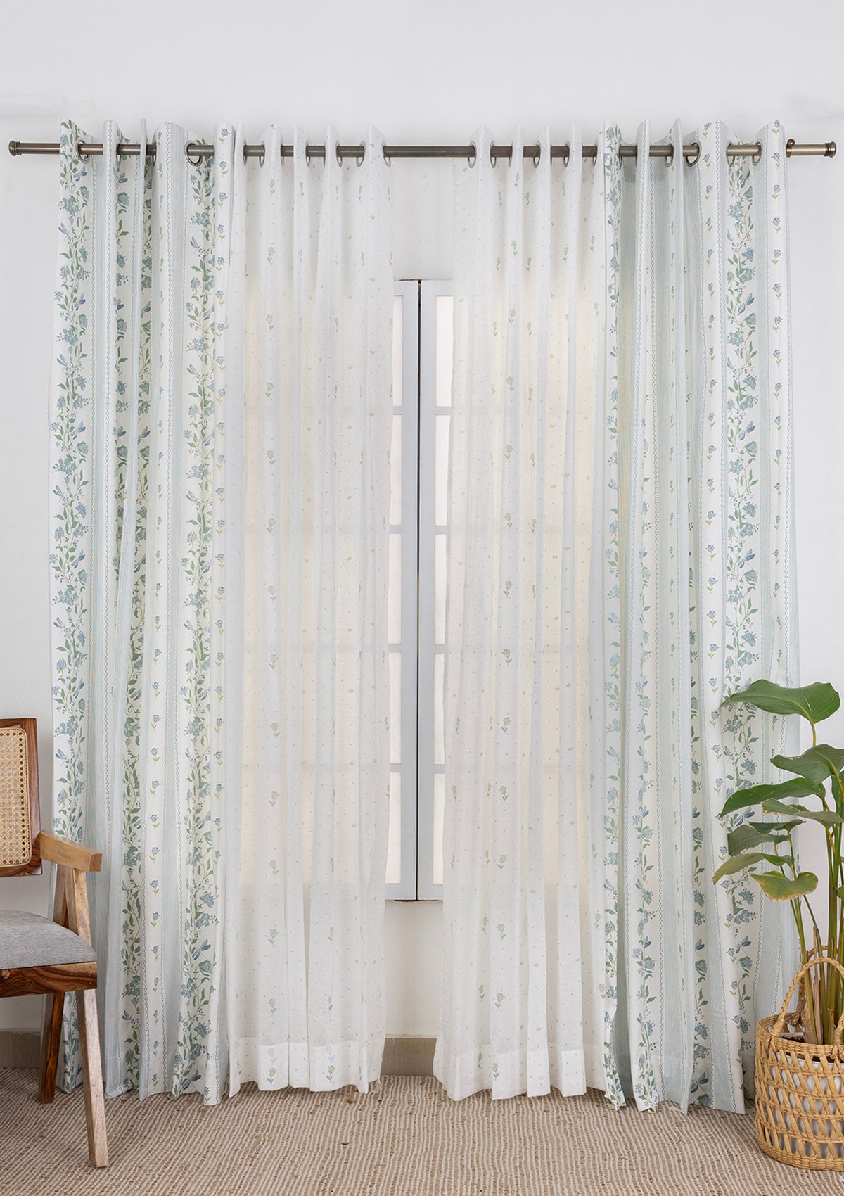 Flutter Printed Light Reduction & Roselle Printed Sheer Light Reduction | 100% Cotton for Living Room & Bedroom | Floral | Nile Blue & Sage Green | Combo Curtains | Pack of 4