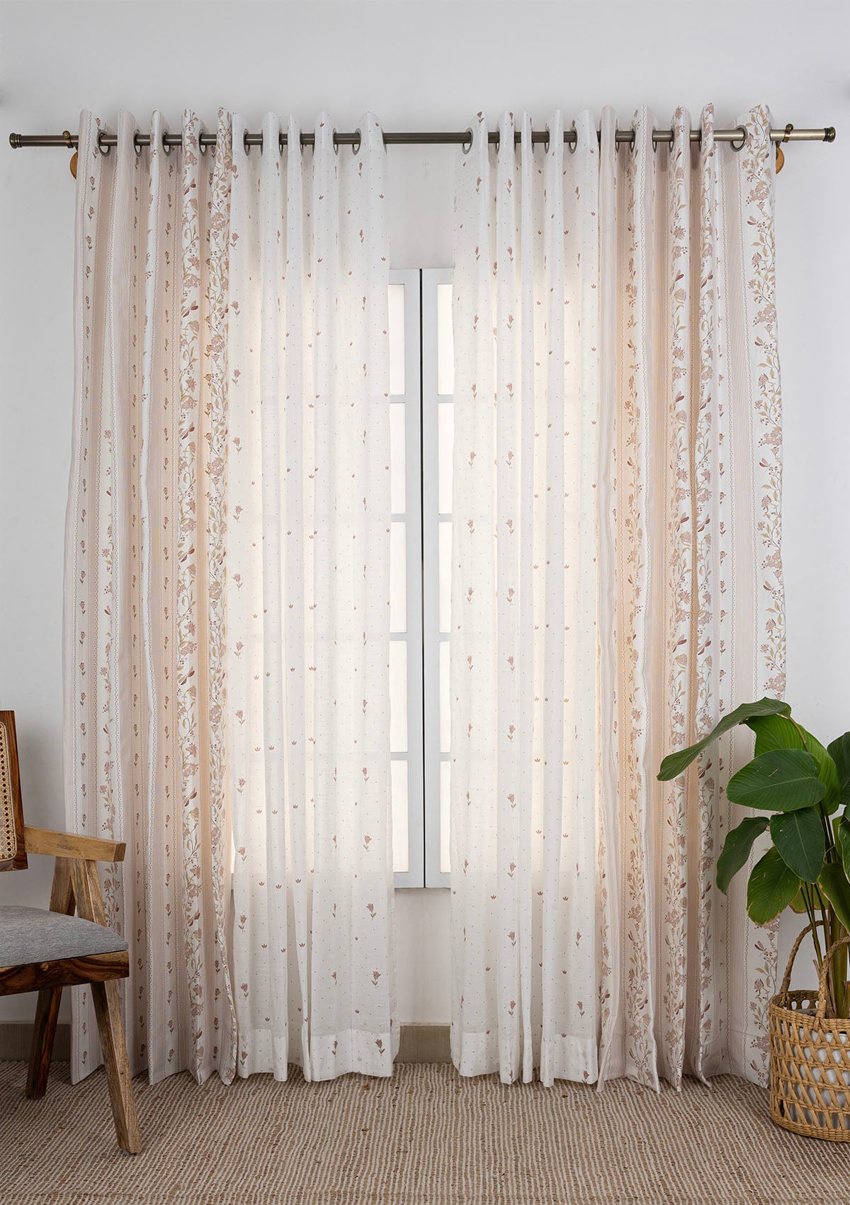 Flutter Printed Light Reduction & Roselle Printed Sheer Light Reduction | 100% Cotton for Living Room & Bedroom | Floral | Pink  | Combo Curtains | Pack of 4