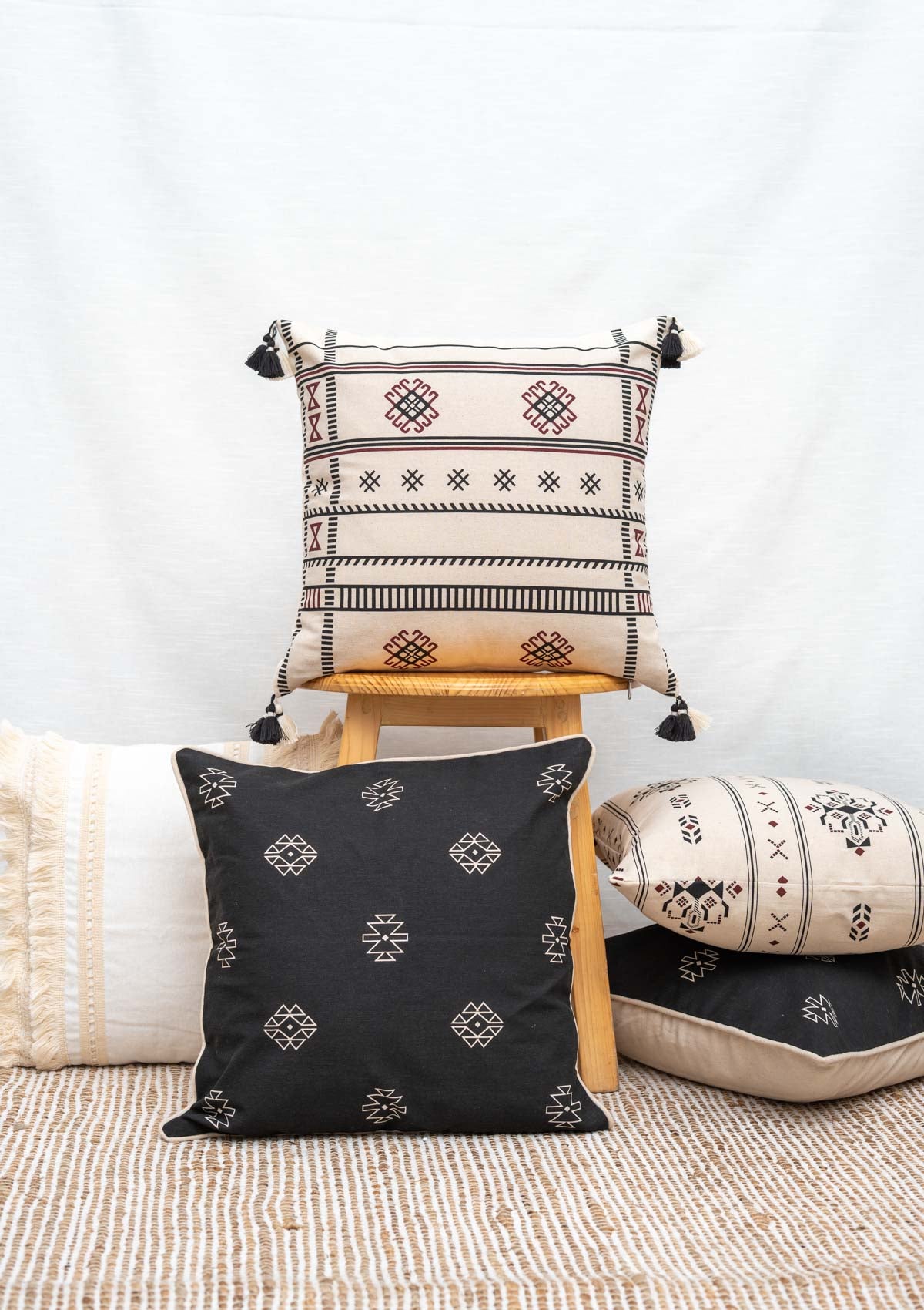 Folk 100% cotton boho geometric cushion cover combo set for sofa- Black and off- white