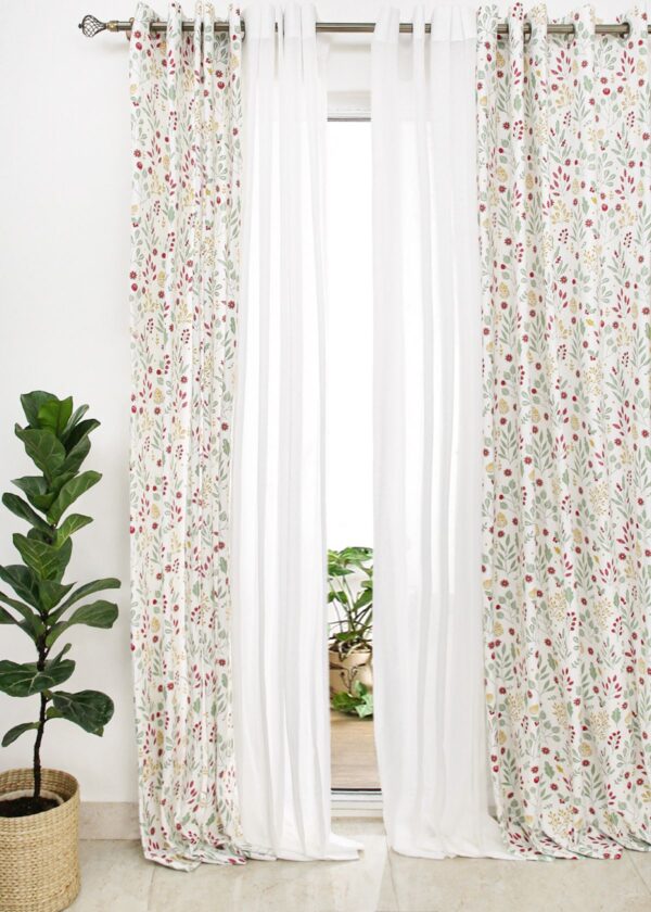 Foraged Berries, Warm White Solid Sheer Set of 4 Combo Cotton Curtain - Multicolor