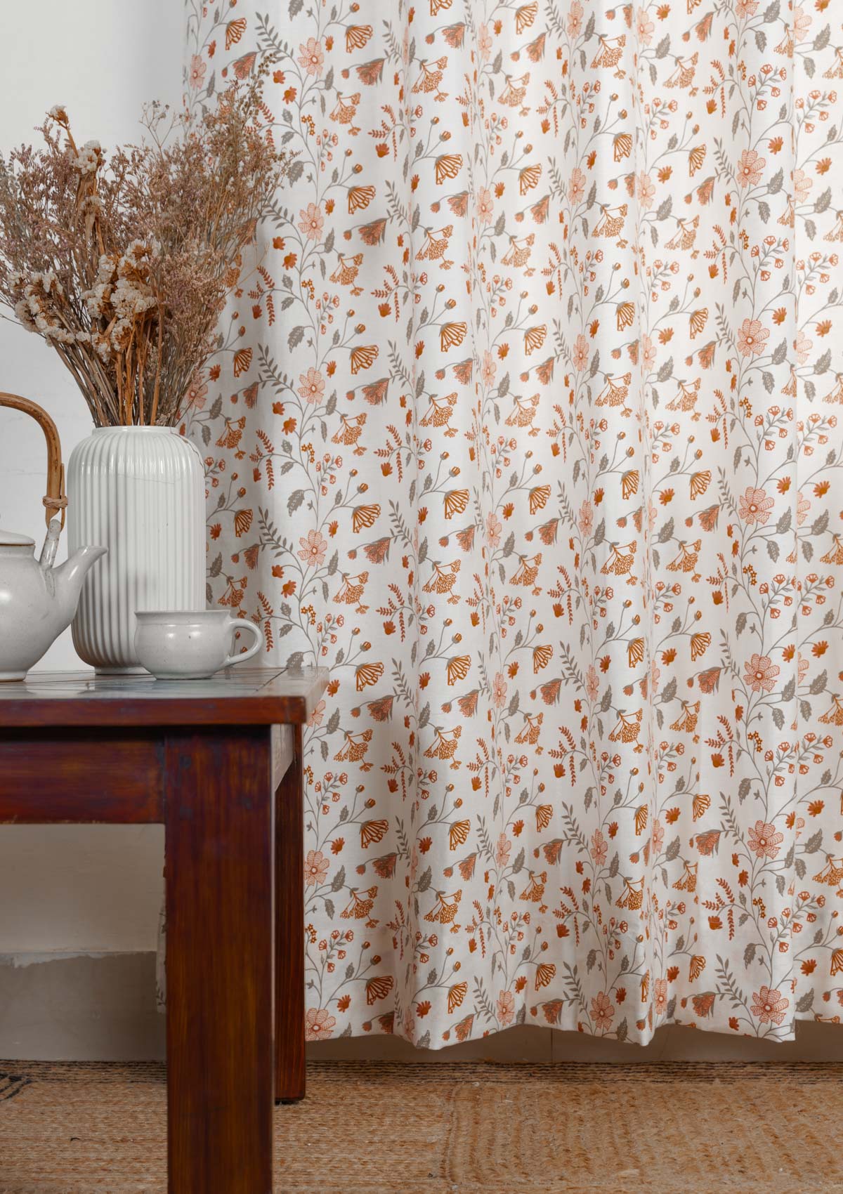 Forest bloom 100% cotton floral curtain for living room - Room darkening - Orange - Pack of 1
